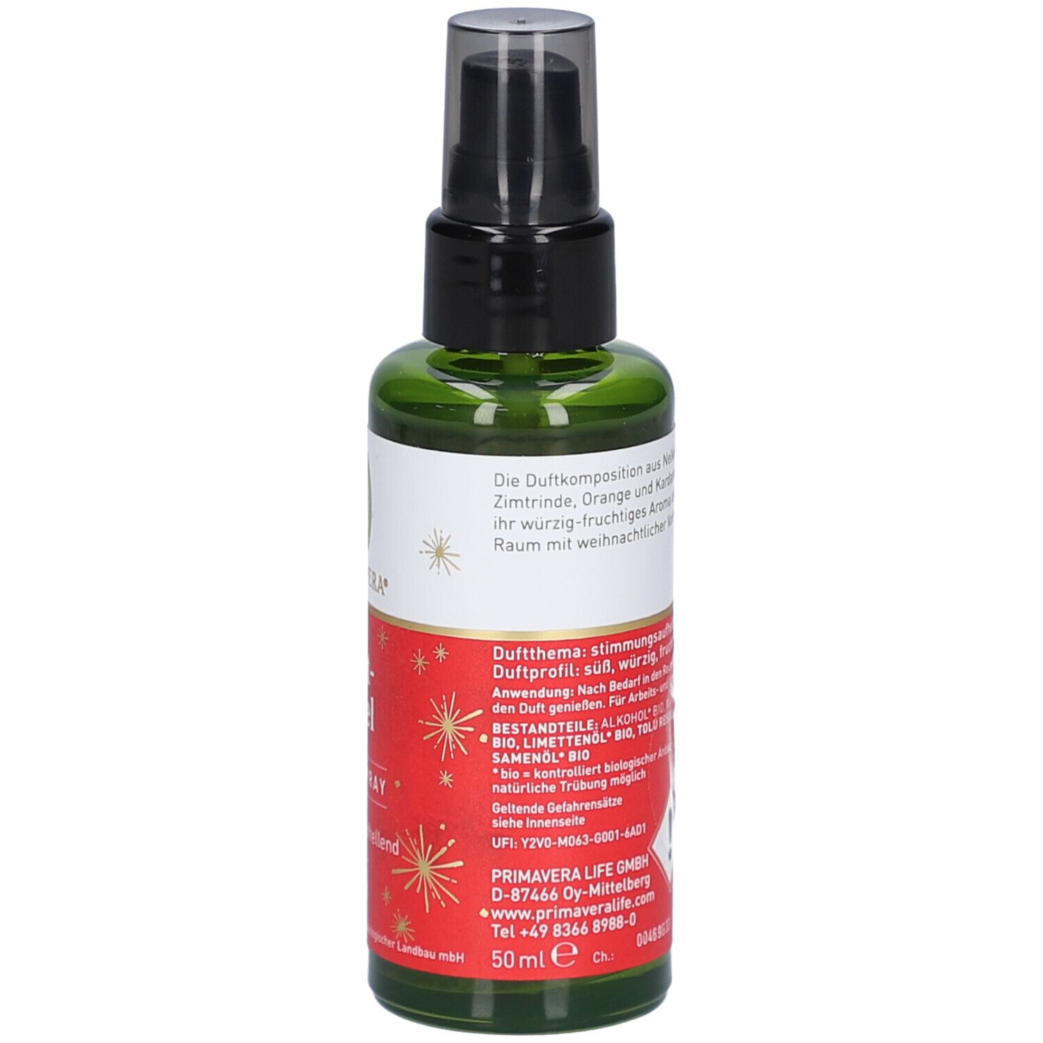 Grüne Glasflasche mit schwarzem Sprühkopf. Rotes Etikett mit weißer Schrift. Text: Bratapfel Raumspray, 50 ml. Primavera Logo.