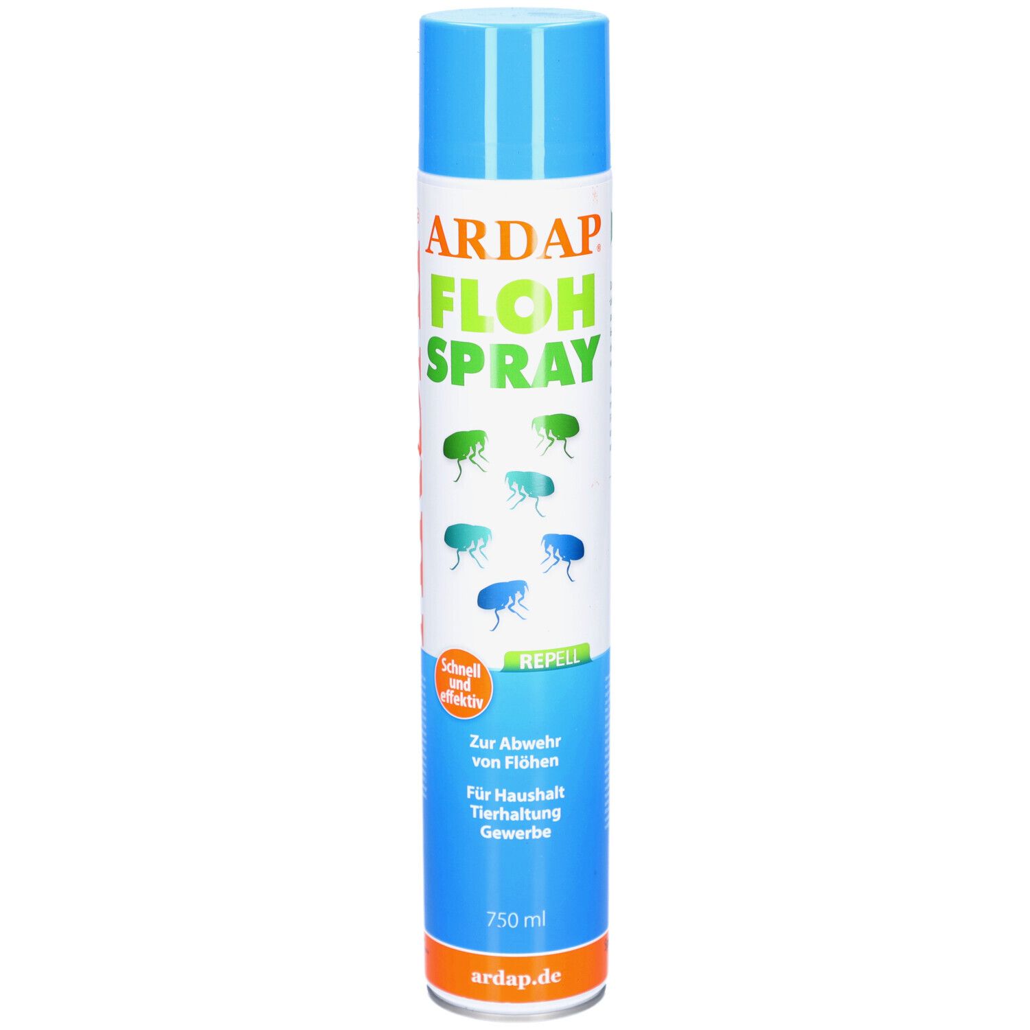 Blau-weiße Sprühdose mit ARDAP Flohspray-Aufdruck. Enthält Informationen zur Abwehr von Flöhen. 750 ml.