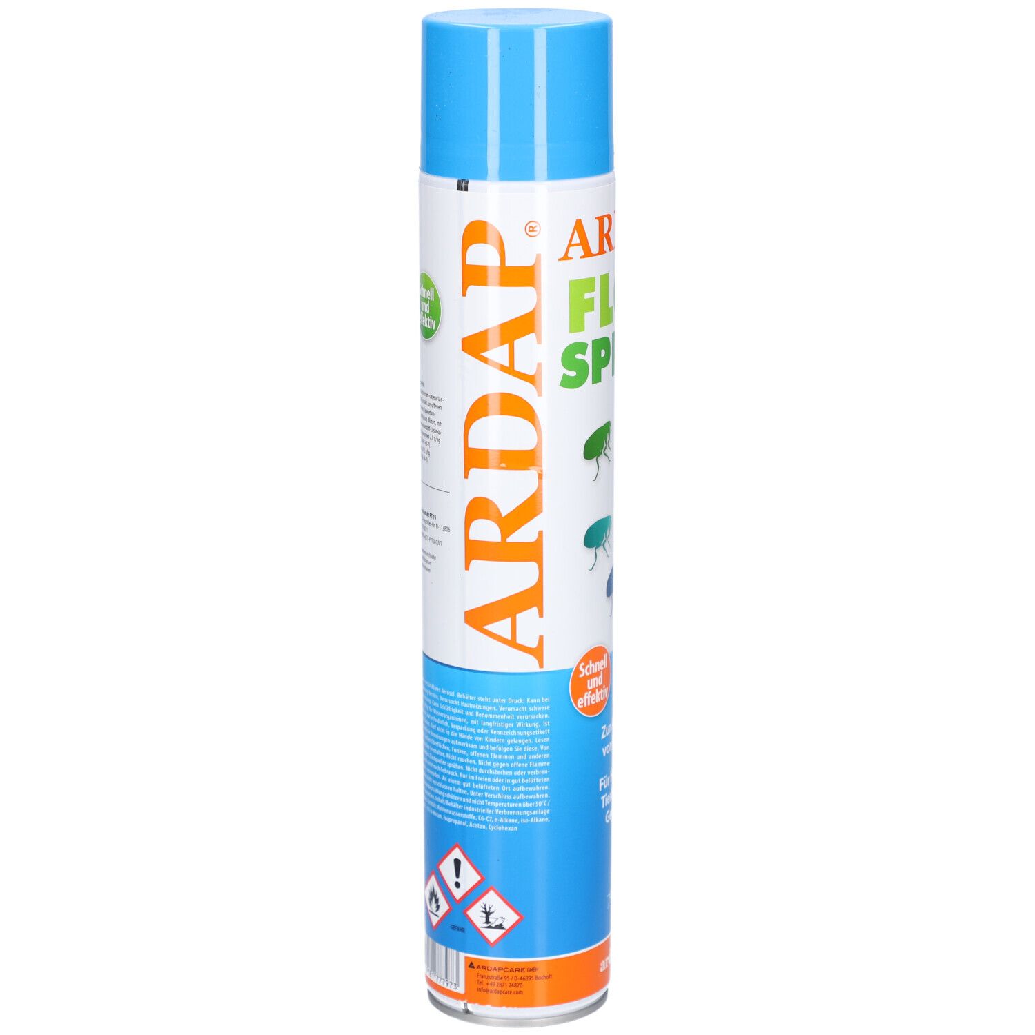 Blaue und weiße Sprühdose mit ARDAP- und Flohspray-Aufdruck. Enthält Informationen zur Abwehr von Flöhen. Mit Warnsymbolen.