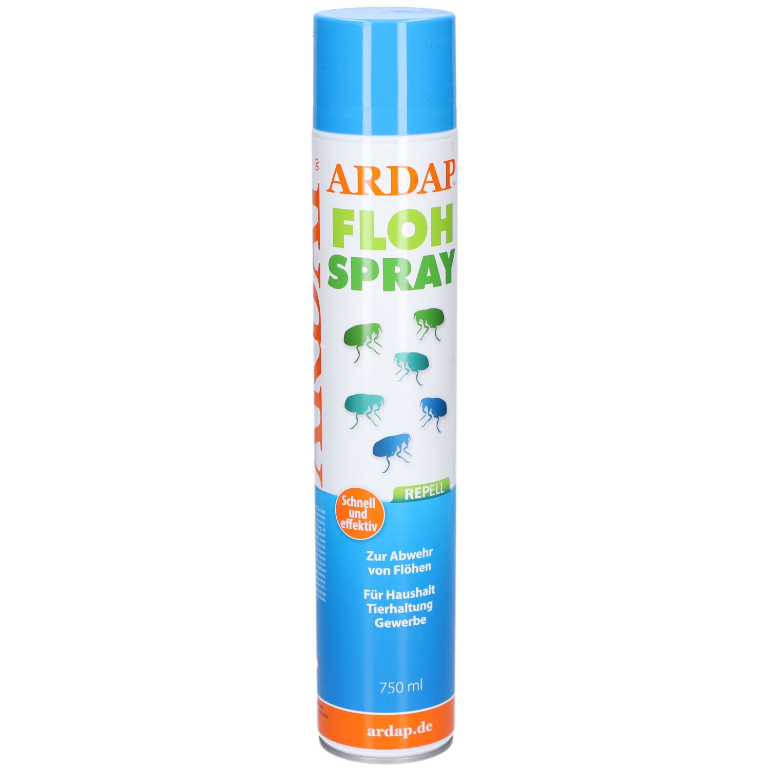 Blaue und weiße Sprühdose mit ARDAP Flohspray-Aufdruck. Enthält Informationen zur Abwehr von Flöhen. 750 ml.