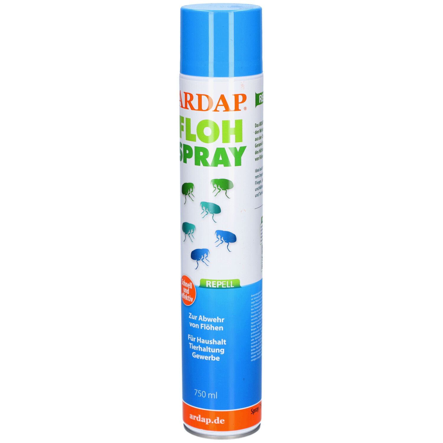 Blaue und weiße Sprühdose mit ARDAP Flohspray-Aufdruck. Enthält Informationen zur Abwehr von Flöhen. 750 ml.