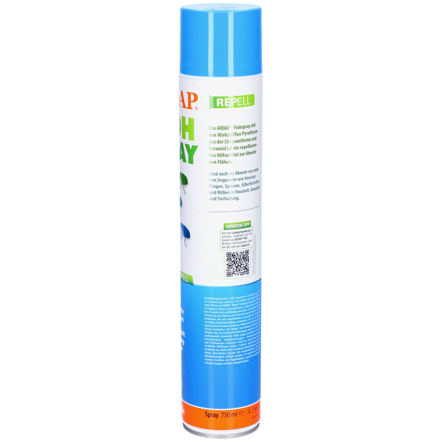 Blaue und weiße Sprühdose mit ARDAP Flohspray-Aufdruck. Enthält Informationen zur Abwehr von Flöhen. 750 ml.