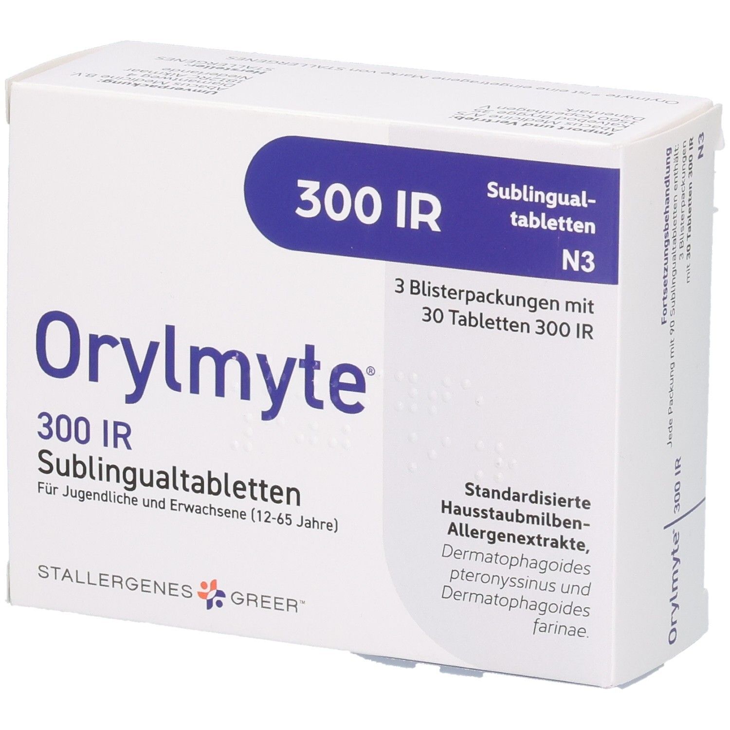 Orylmyte 300 IR Sublingualtabletten Packung. Enthält 3 Blisterpackungen mit 30 Tabletten. Text: Für Jugendliche und Erwachsene (12-65 Jahre).