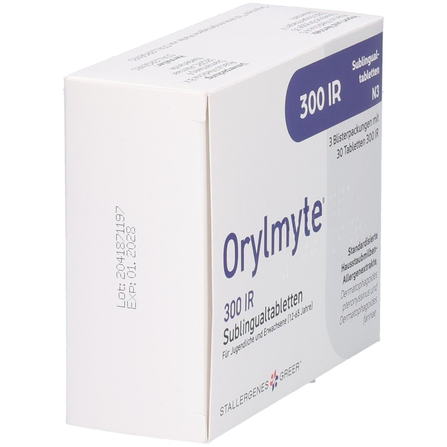 Orylmyte 300 IR Packung, schräg von der Seite. Aufdruck: Haltbarkeit bis 01.2023. Hersteller: STALLERGENES GREER.
