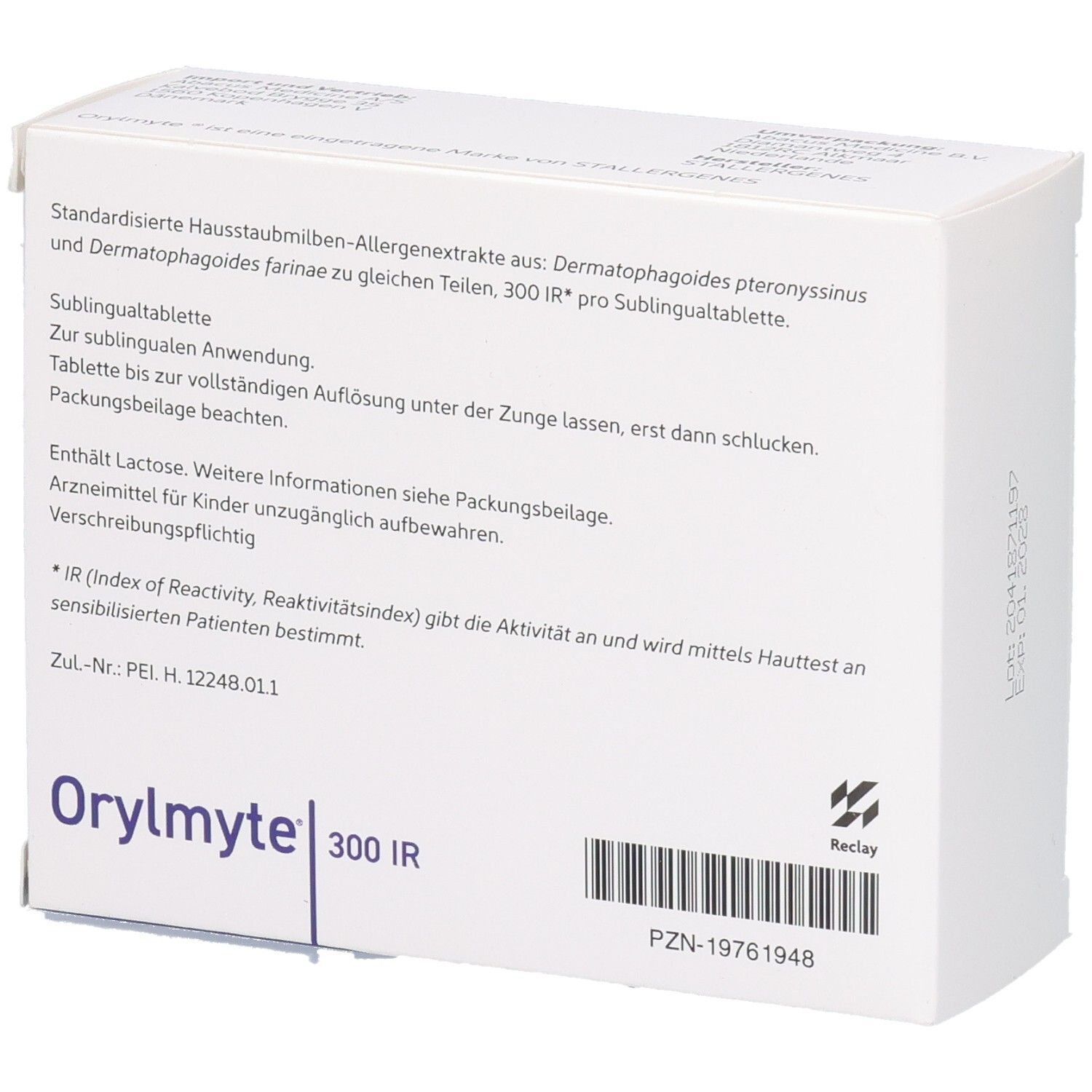 Rückseite der Orylmyte 300 IR Packung. Text: Standardisierte Hausstaubmilben-Allergenextrakte. Gebrauchsanweisung. Herstellerinformationen.