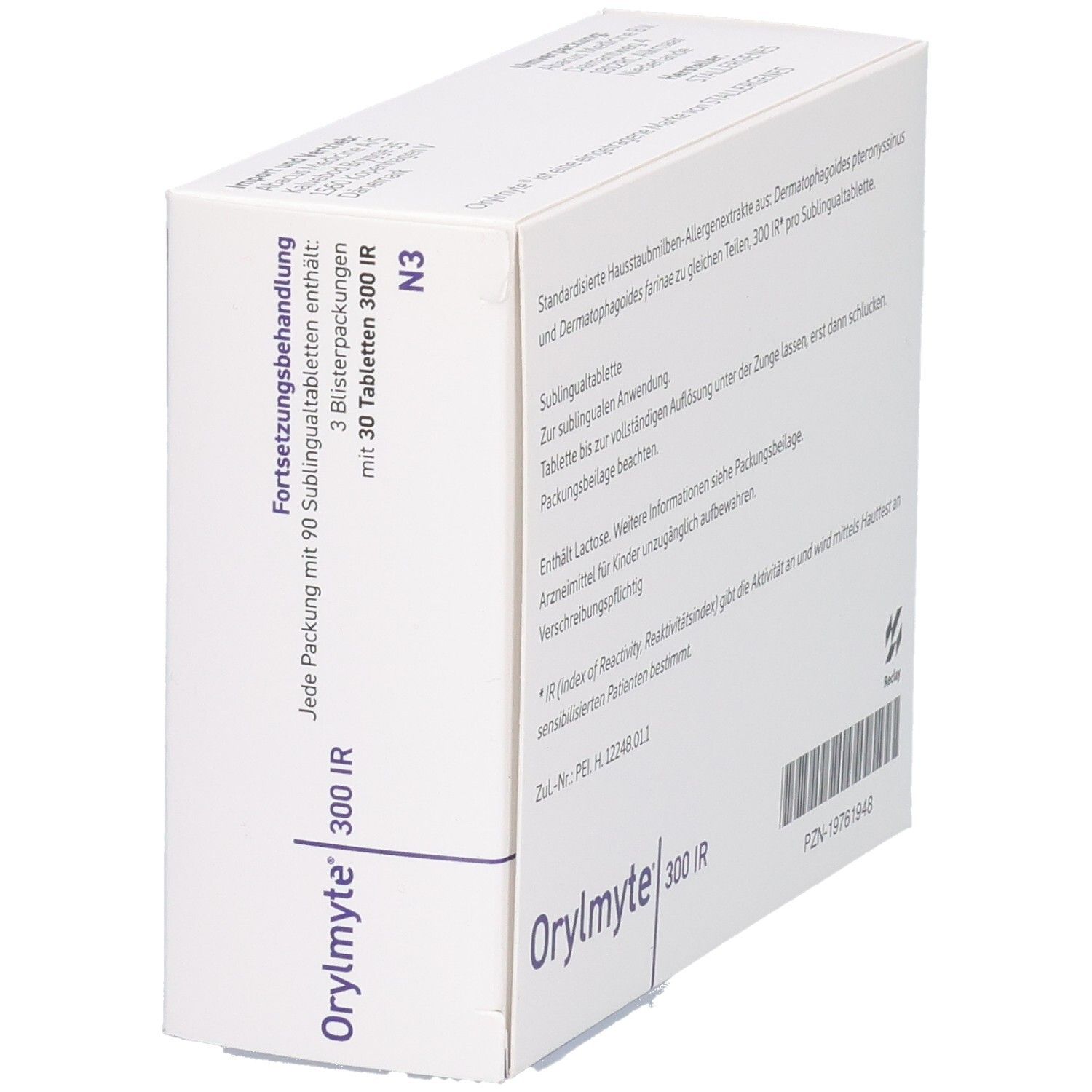 Orylmyte 300 IR Packung, schräg von hinten. Text: Fortsetzungsbehandlung. Enthält 90 Sublingualtabletten. Herstellerinformationen.