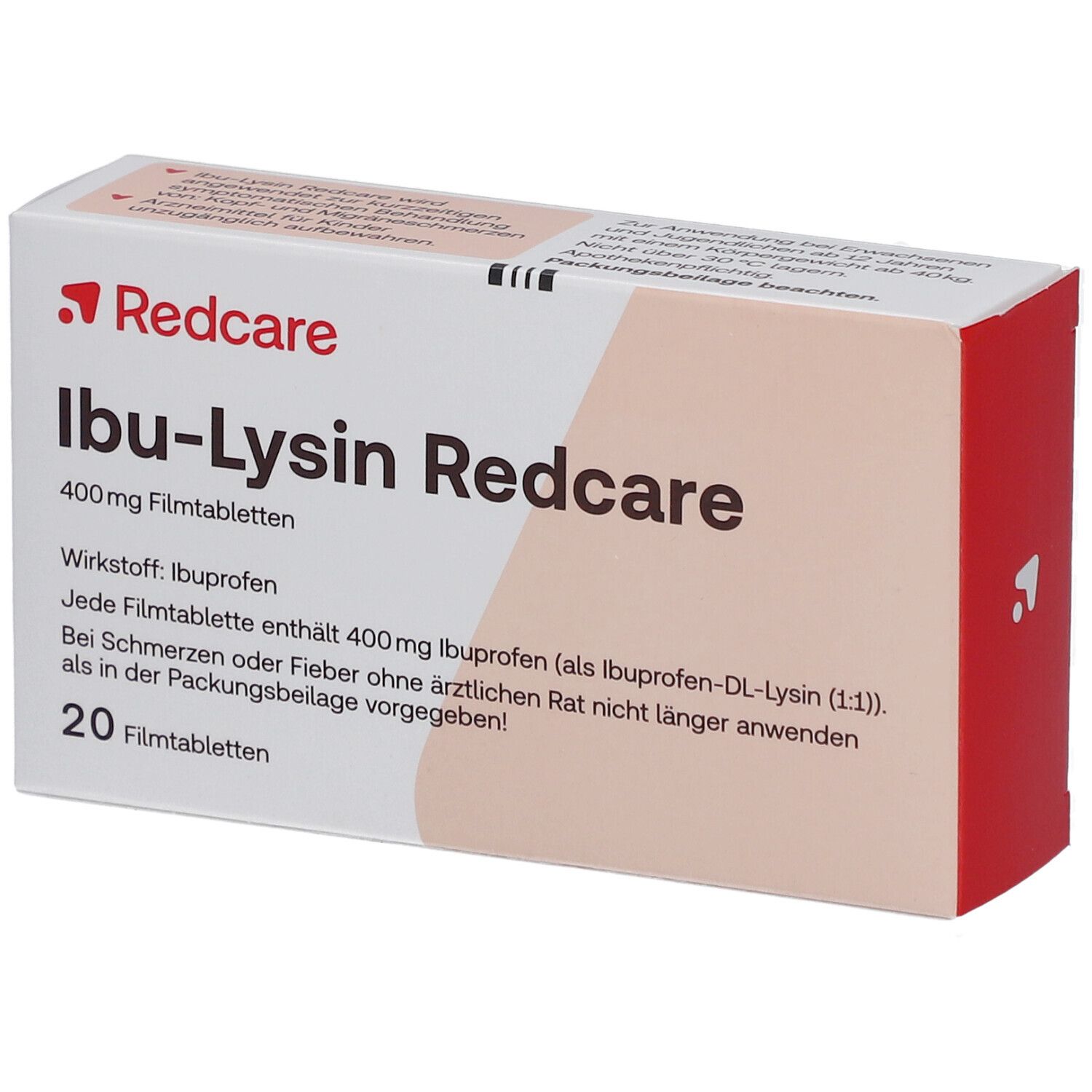 Schrägansicht der Redcare Ibu-Lysin Verpackung. Weiß-orangefarbenes Design mit rotem Logo und Produktnamen. 20 Filmtabletten.