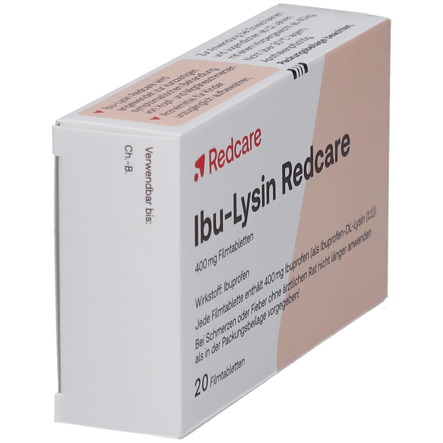 Schrägansicht der Redcare Ibu-Lysin Verpackung. Weiß-orangefarbenes Design mit rotem Logo und Produktnamen. 20 Filmtabletten.