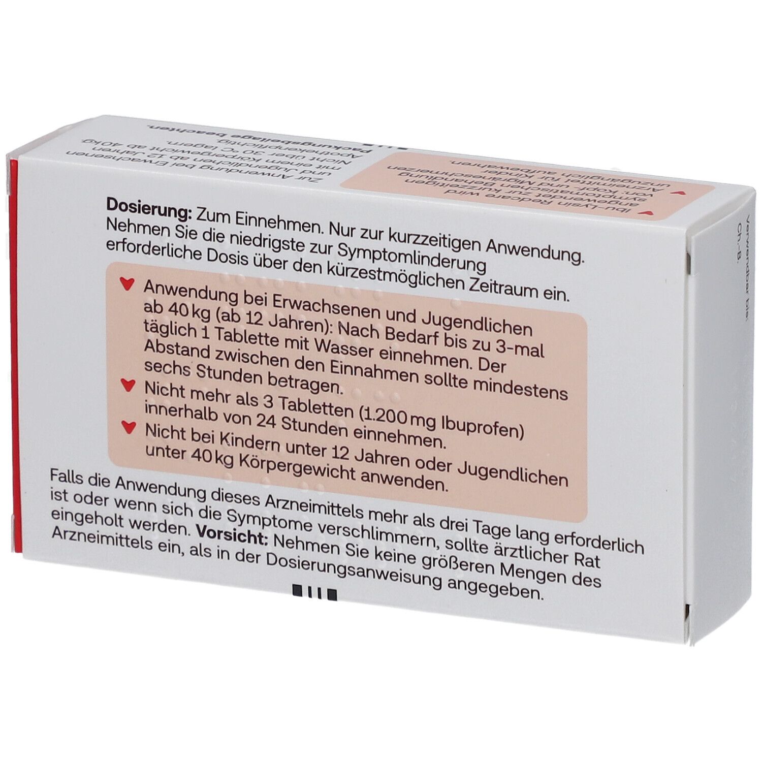 Schrägansicht der Redcare Ibu-Lysin Verpackung. Weiß-orangefarbenes Design mit rotem Logo und Produktnamen. 20 Filmtabletten.