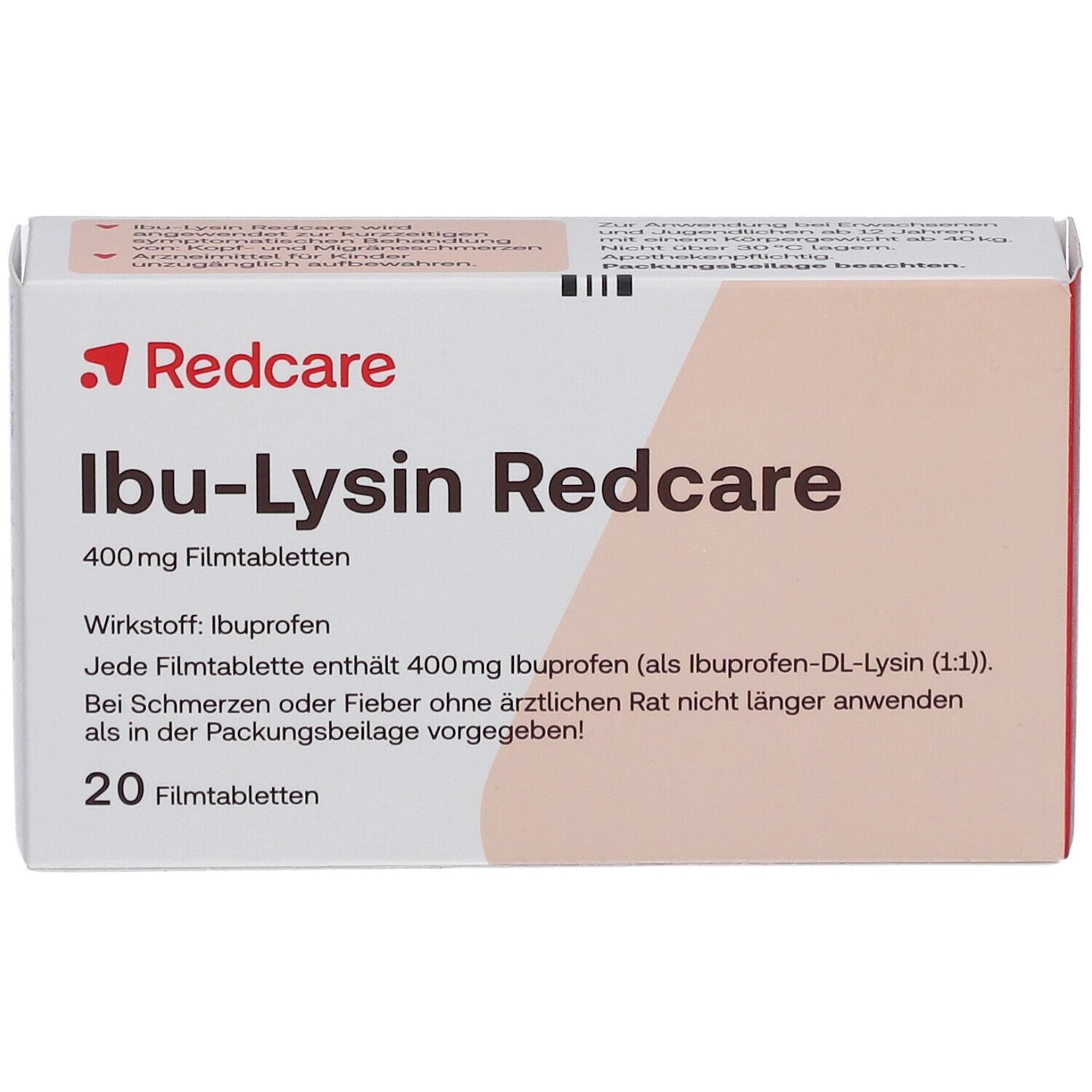 Schrägansicht der Redcare Ibu-Lysin Verpackung. Rückseite mit Dosierungshinweisen. Weiß-orangefarbenes Design mit rotem Logo.