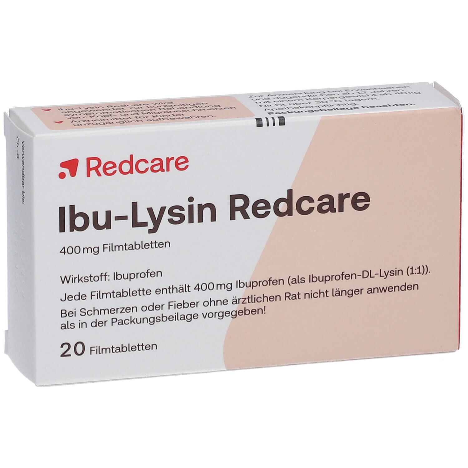 Verpackung von Redcare Ibu-Lysin 400mg Filmtabletten. Enthält 20 Tabletten. Weiß-orangefarbenes Design mit rotem Logo und Produktnamen.