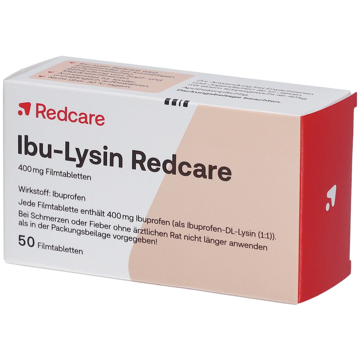 Geöffnete Schachtel mit Redcare Ibu-Lysin Tabletten. Aufschrift: 400mg Filmtabletten, 50 Filmtabletten. Wirkstoff: Ibuprofen. Weiß-orangefarbenes Design.