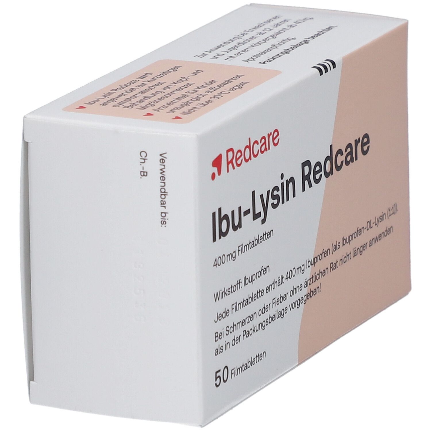 Schachtel Redcare Ibu-Lysin Tabletten, schräg. Aufschrift: 400mg Filmtabletten, 50 Filmtabletten. Wirkstoff: Ibuprofen. Weiß-orangefarbenes Design.