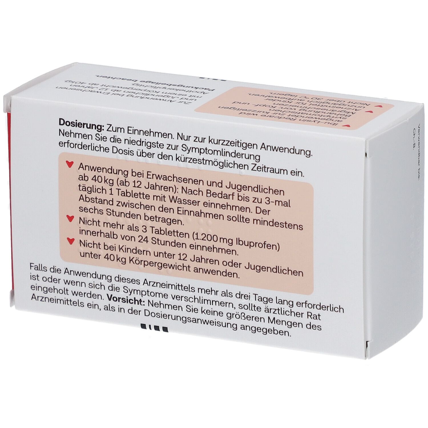 Rückseite der Schachtel Redcare Ibu-Lysin Tabletten. Text über Dosierung und Anwendung. Weiß-orangefarbenes Design.