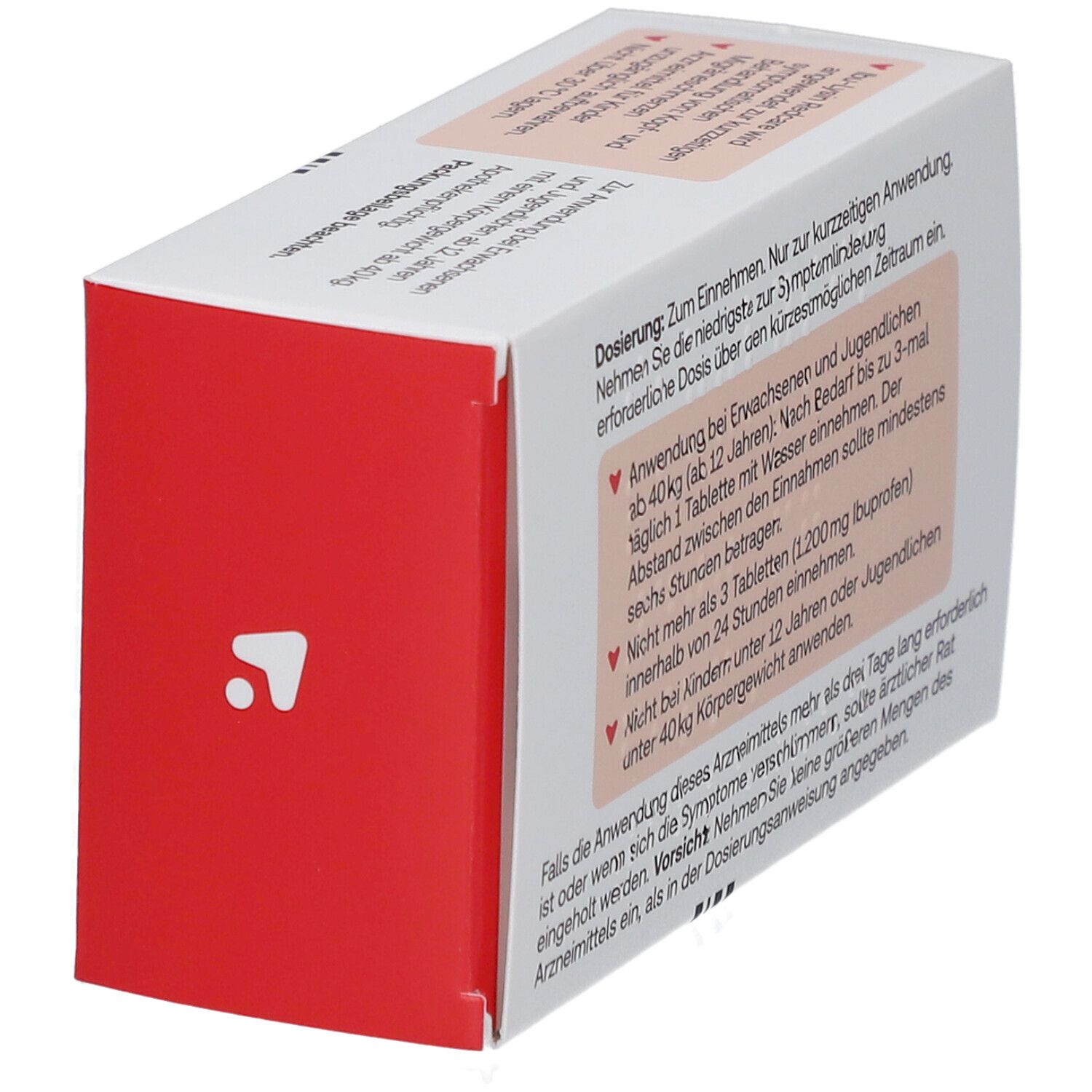 Schachtel Redcare Ibu-Lysin Tabletten, schräg, Rückseite. Text über Dosierung und Anwendung. Weiß-orangefarbenes Design.