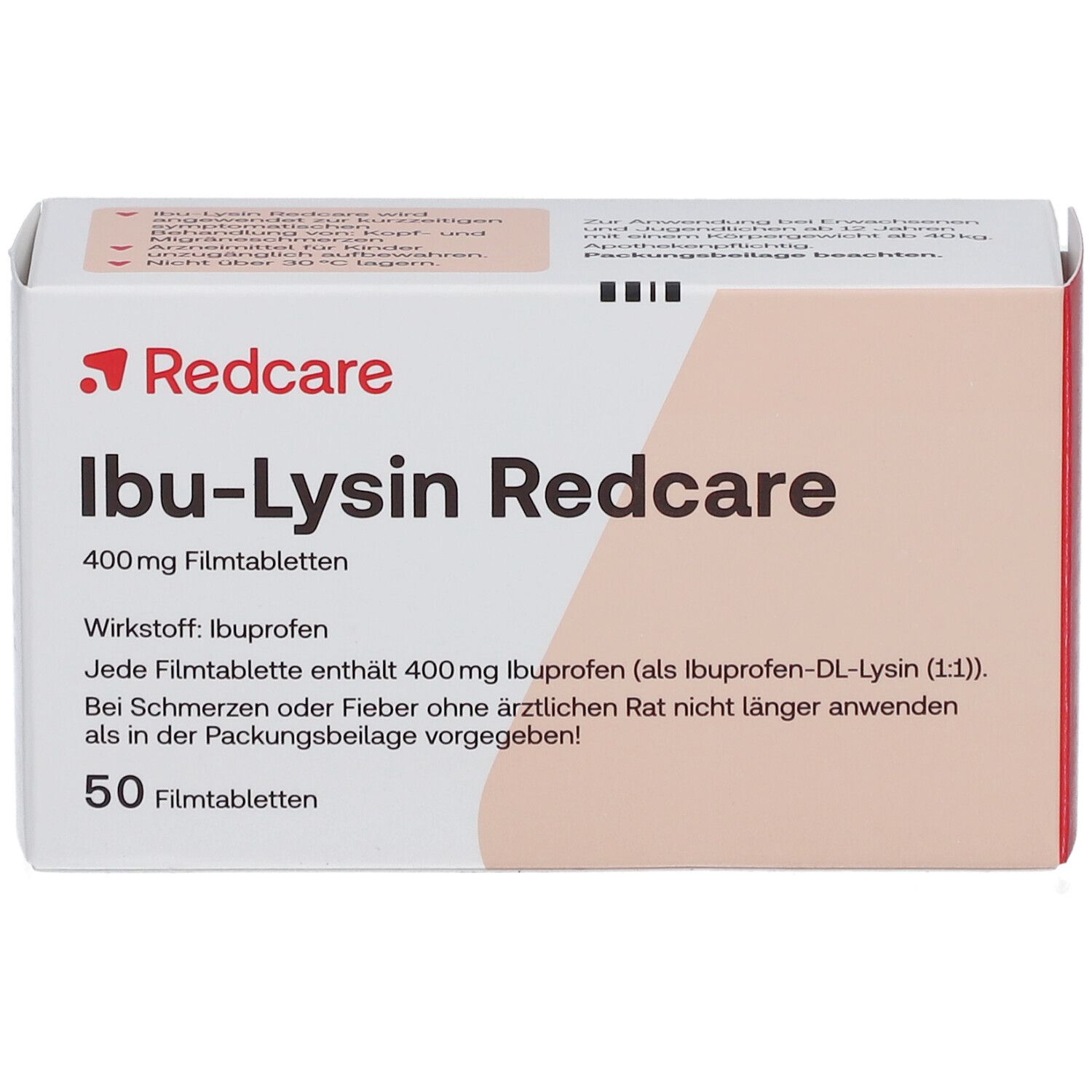 Schachtel mit Redcare Ibu-Lysin Tabletten. Aufschrift: 400mg Filmtabletten, 50 Filmtabletten. Wirkstoff: Ibuprofen. Weiß-orangefarbenes Design.