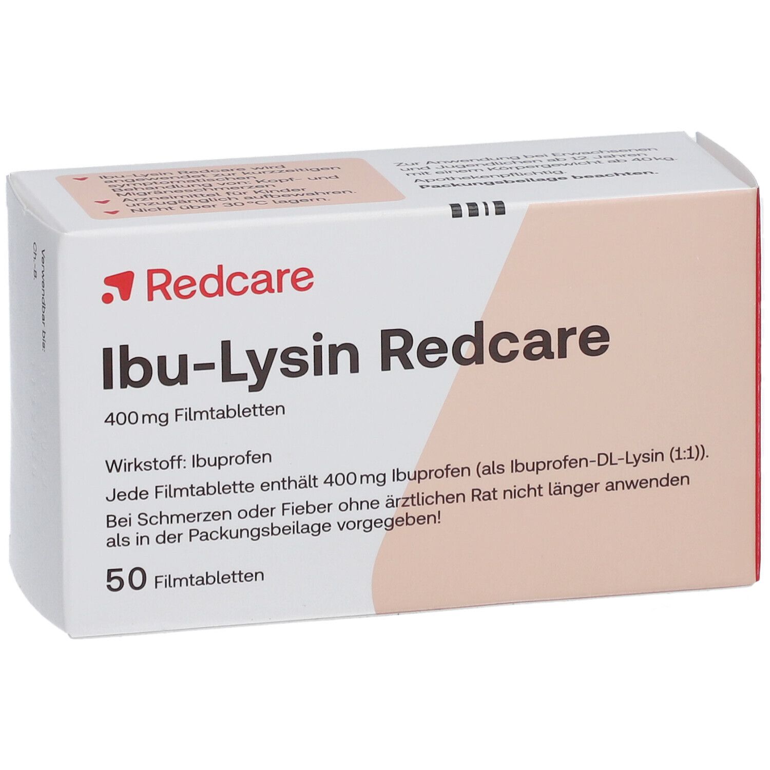 Schachtel mit Redcare Ibu-Lysin Tabletten. Aufschrift: 400mg Filmtabletten, 50 Filmtabletten. Wirkstoff: Ibuprofen. Weiß-orangefarbenes Design.