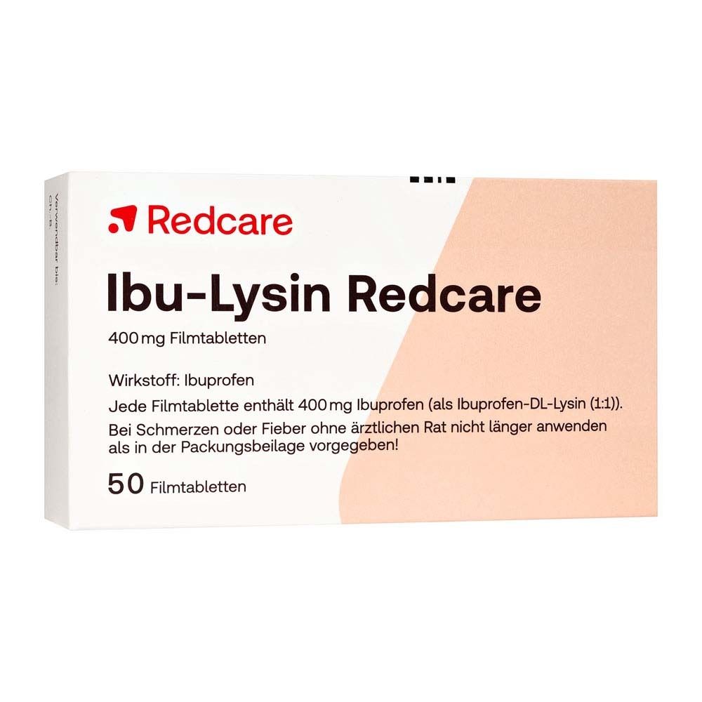 Schachtel mit Redcare Ibu-Lysin, 400mg Filmtabletten. Enthält 50 Tabletten. Produktname und Inhaltsstoffe sind aufgedruckt.