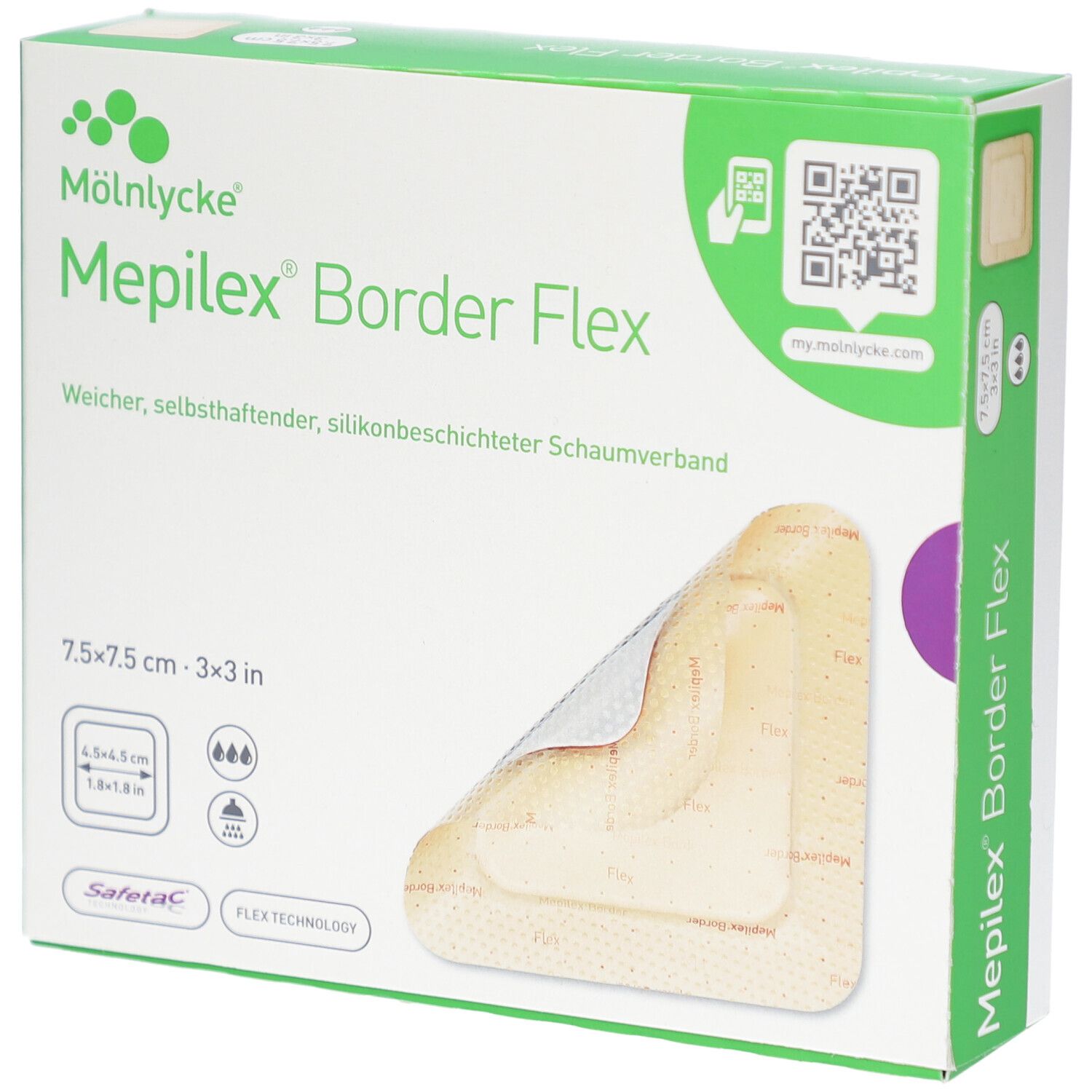 Verpackung von Mepilex Border Flex. Zeigt einen Verband, 7,5x7,5 cm. Aufschrift: Weicher, selbsthaftender, silikonbeschichteter Schaumverband.