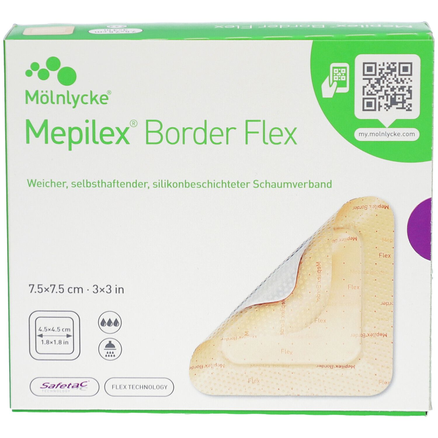 Verpackung von Mepilex Border Flex. Zeigt einen Verband, 7,5x7,5 cm. Aufschrift: Weicher, selbsthaftender, silikonbeschichteter Schaumverband.