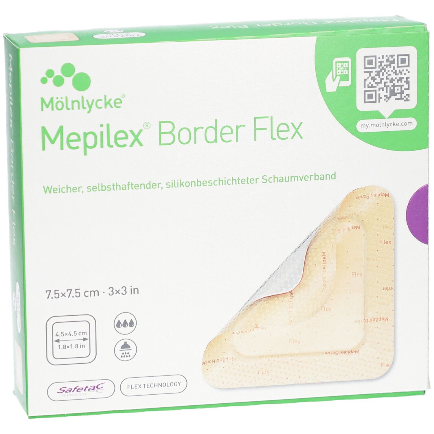 Verpackung von Mepilex Border Flex. Zeigt einen Verband, 7,5x7,5 cm. Aufschrift: Weicher, selbsthaftender, silikonbeschichteter Schaumverband.