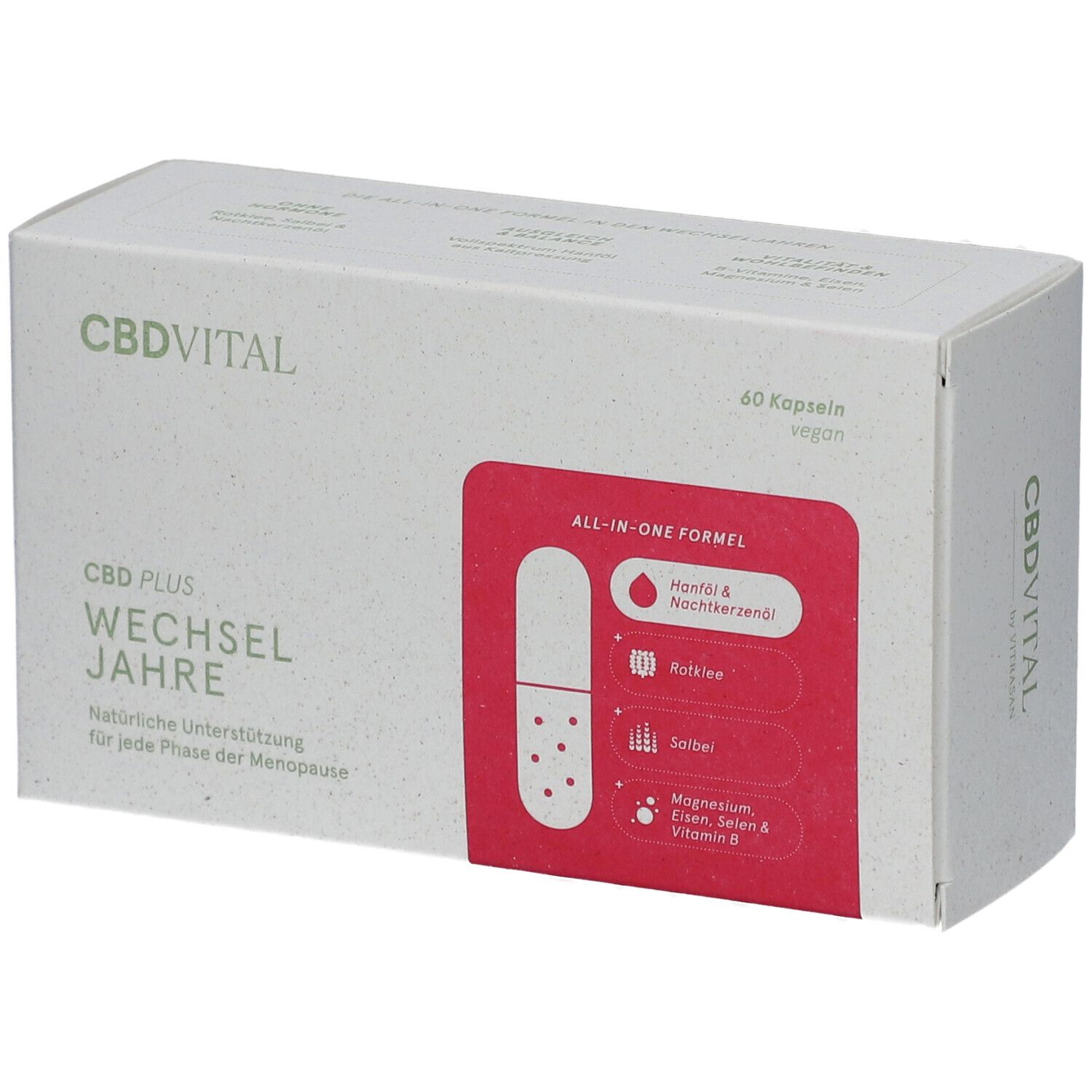 Weiße Schachtel mit CBDVITAL-Logo und Produktbezeichnung. Roter Aufkleber mit Inhaltsstoffen. 60 Kapseln, vegan.