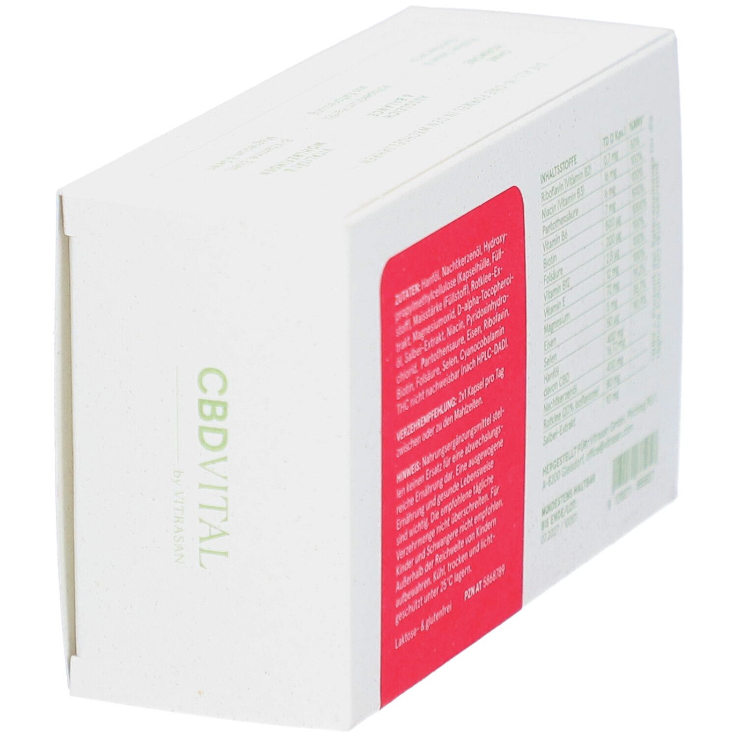 Schachtel mit CBDVITAL-Logo und Produktbezeichnung. Roter Aufkleber mit Inhaltsstoffen. Text in deutscher Sprache.