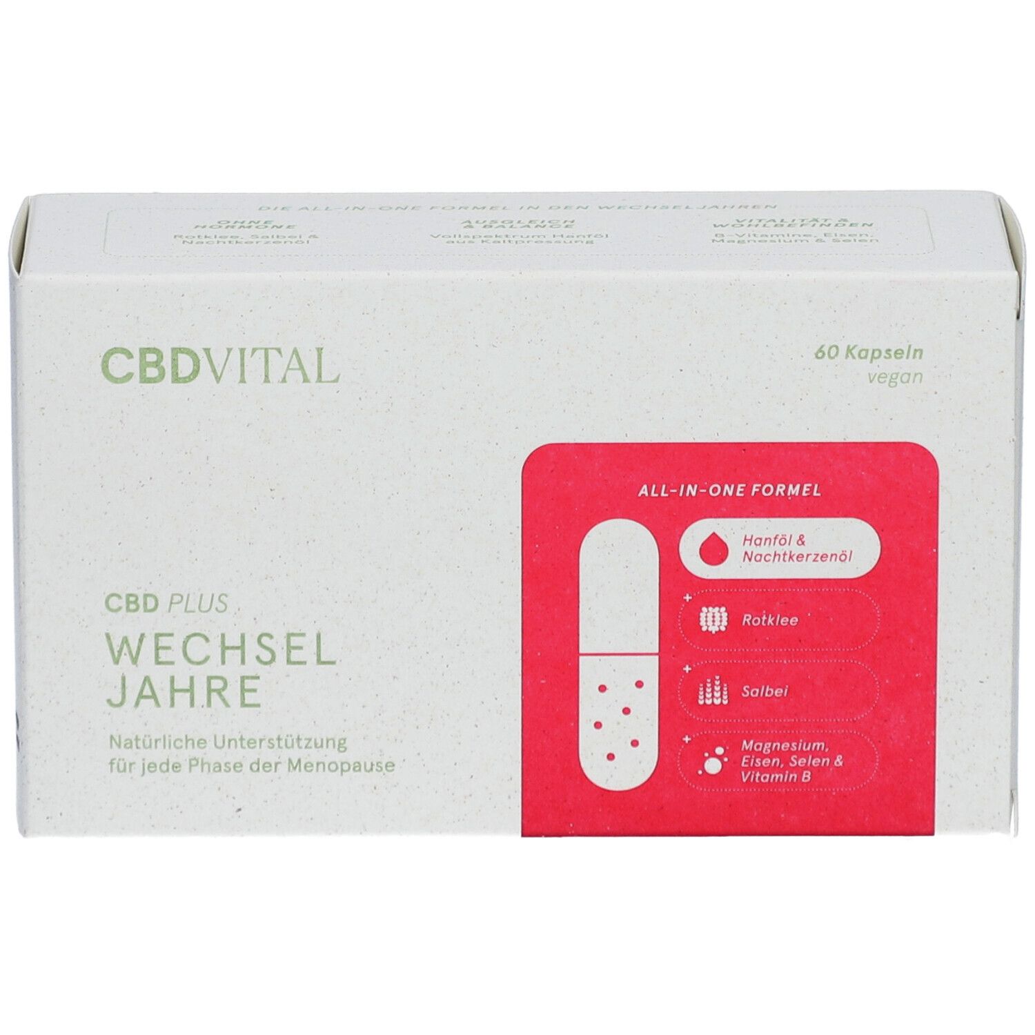 Weiße Schachtel mit CBDVITAL-Logo und Produktbezeichnung. Roter Aufkleber mit Inhaltsstoffen. 60 Kapseln, vegan.