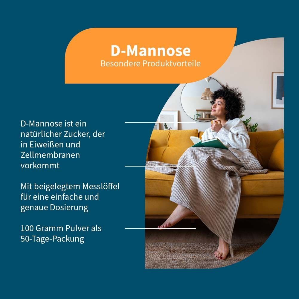 Infografik mit Text und Frau auf Sofa. Text: D-Mannose, Vorteile, natürlicher Zucker, Messlöffel, 100g Pulver als 50-Tage-Packung.