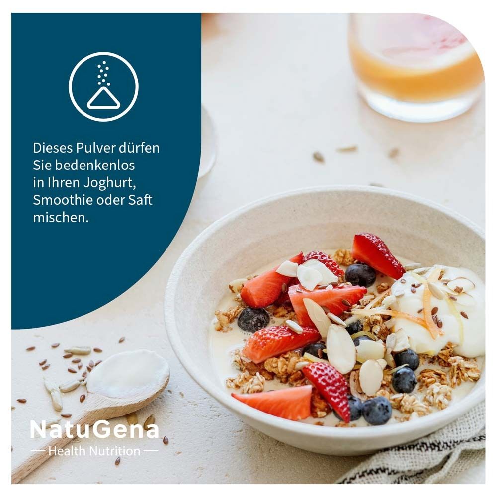 Schüssel mit Joghurt, Früchten und Samen. Text: Dieses Pulver dürfen Sie bedenkenlos in Joghurt, Smoothie oder Saft mischen. Logo: NatuGena.