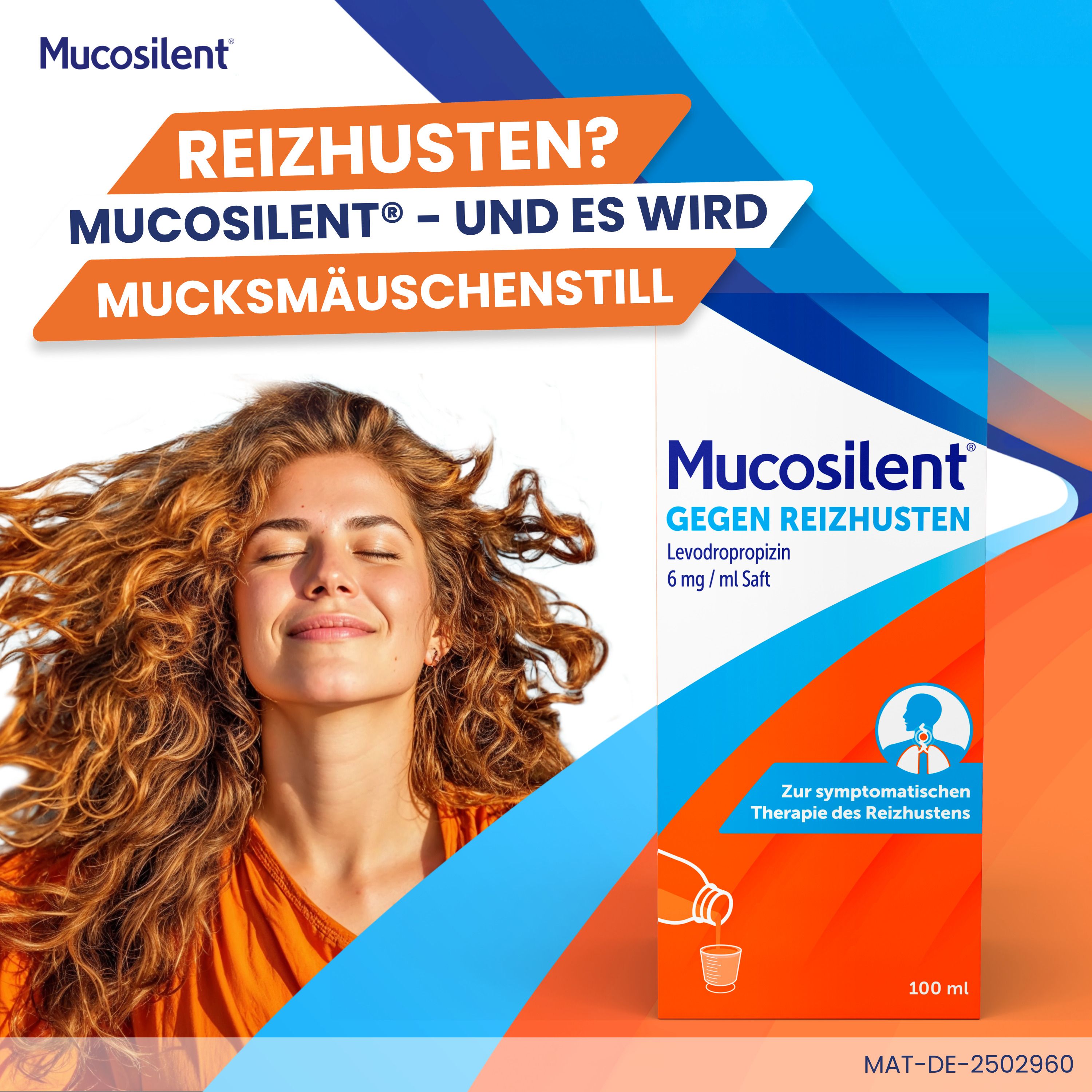 Werbung für Mucosilent gegen Reizhusten. Frau mit geschlossenen Augen, orangefarbener Hintergrund.