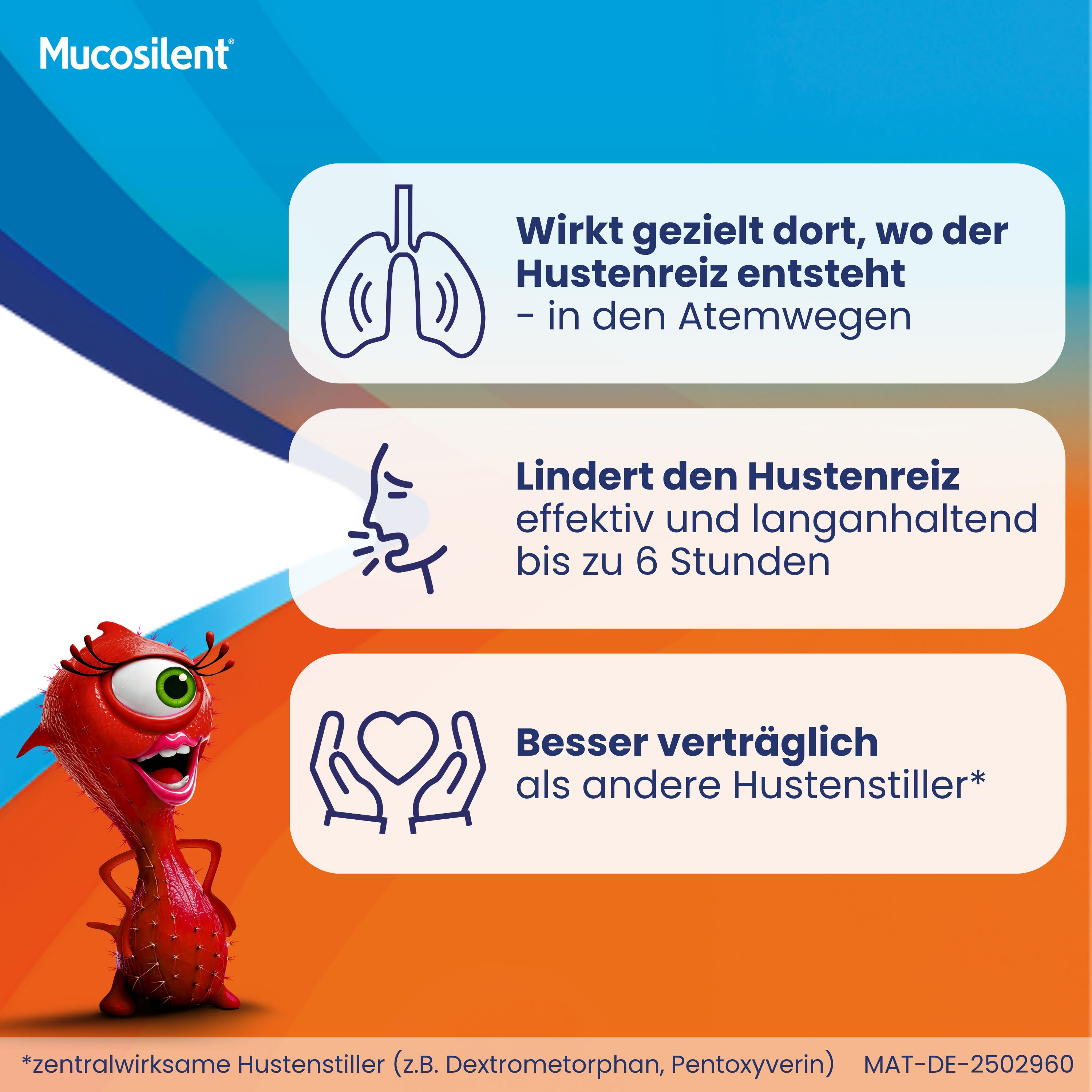 Grafik mit Text und Symbolen. Lunge, Hustenreiz, Herz. Text: Lindert Hustenreiz effektiv.