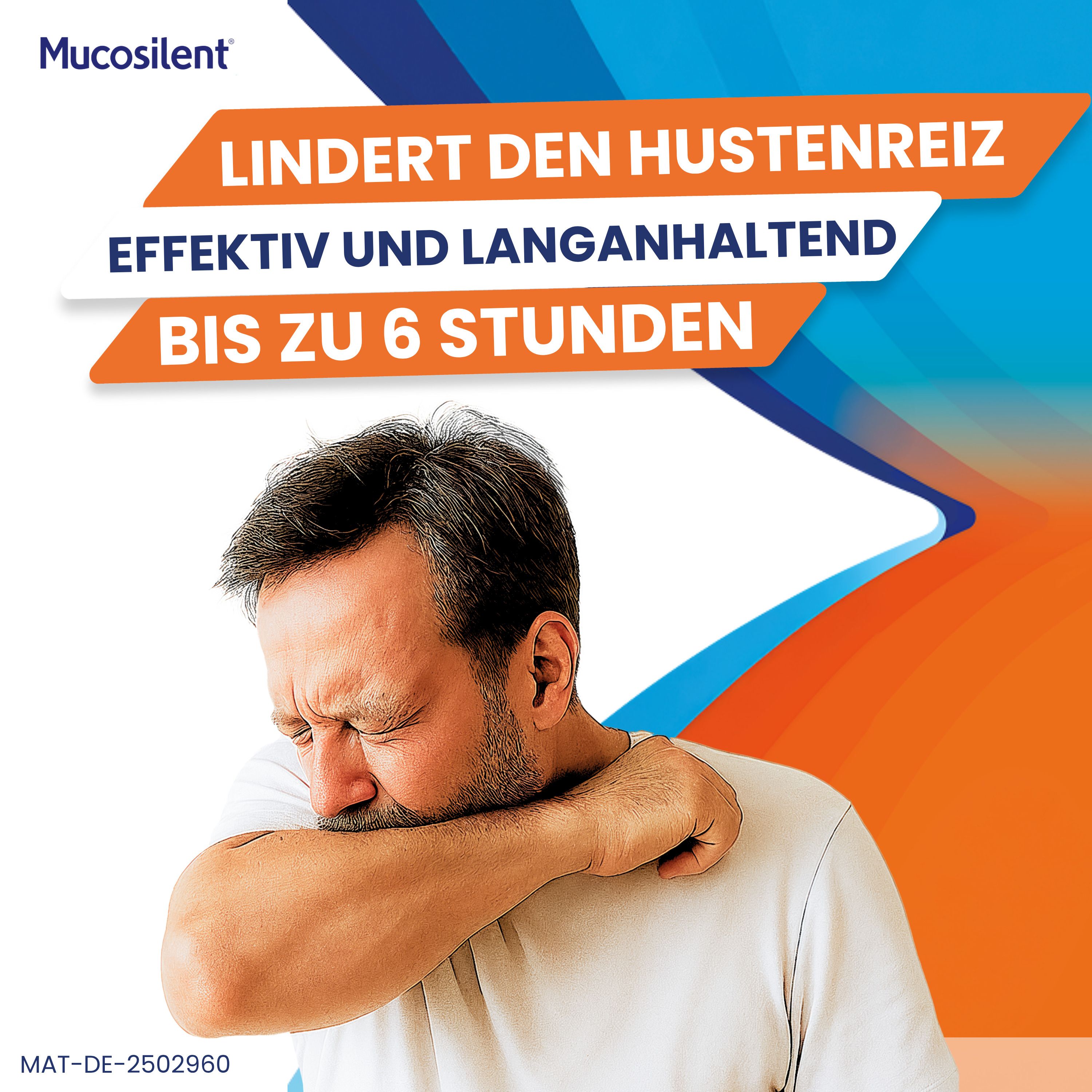 Mann hustet. Text: Lindert den Hustenreiz effektiv und langanhaltend bis zu 6 Stunden.