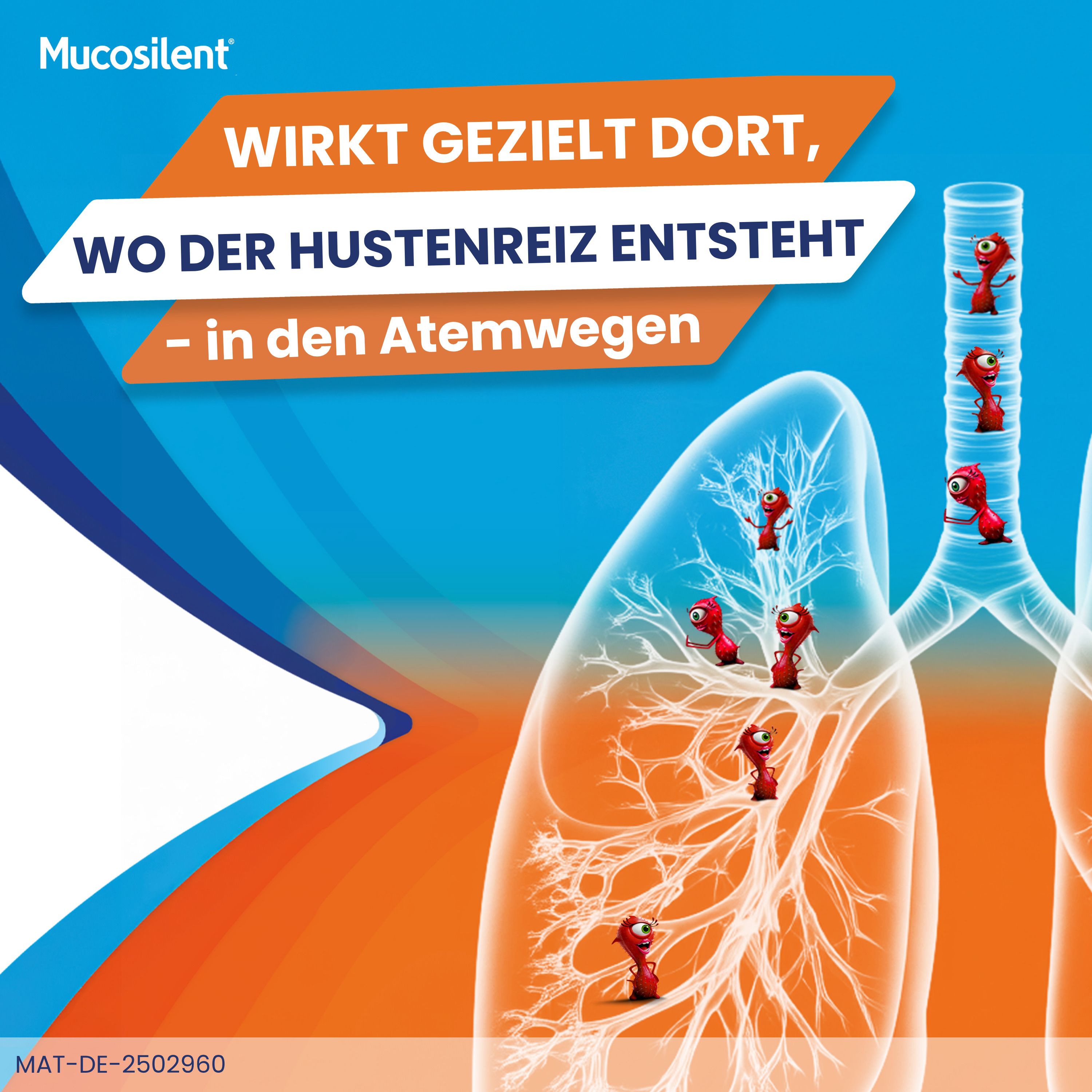 Grafik mit Lunge und roten Figuren. Text: Wirkt gezielt dort, wo der Hustenreiz entsteht.