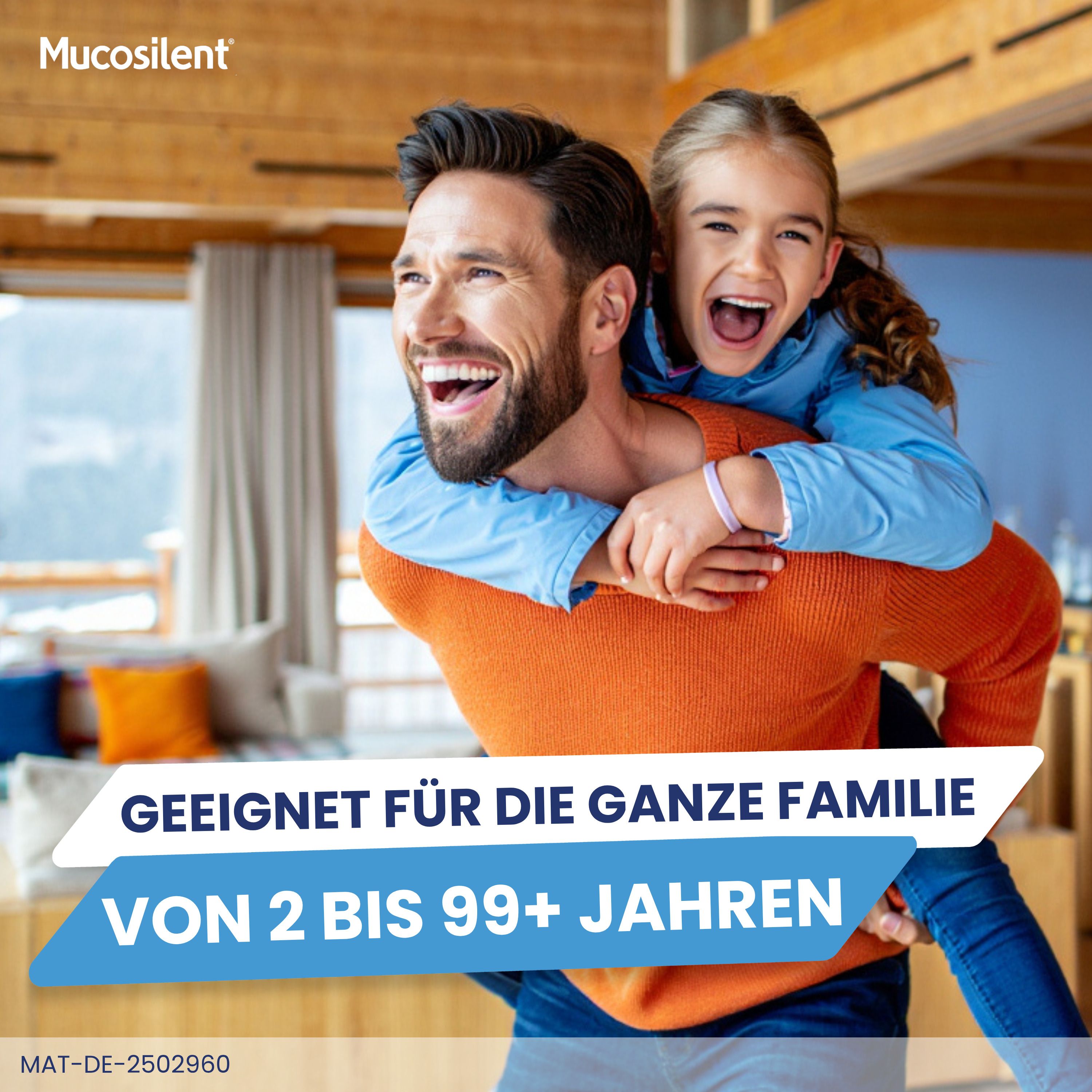 Vater und Tochter lachen. Text: Geeignet für die ganze Familie von 2 bis 99+ Jahren.