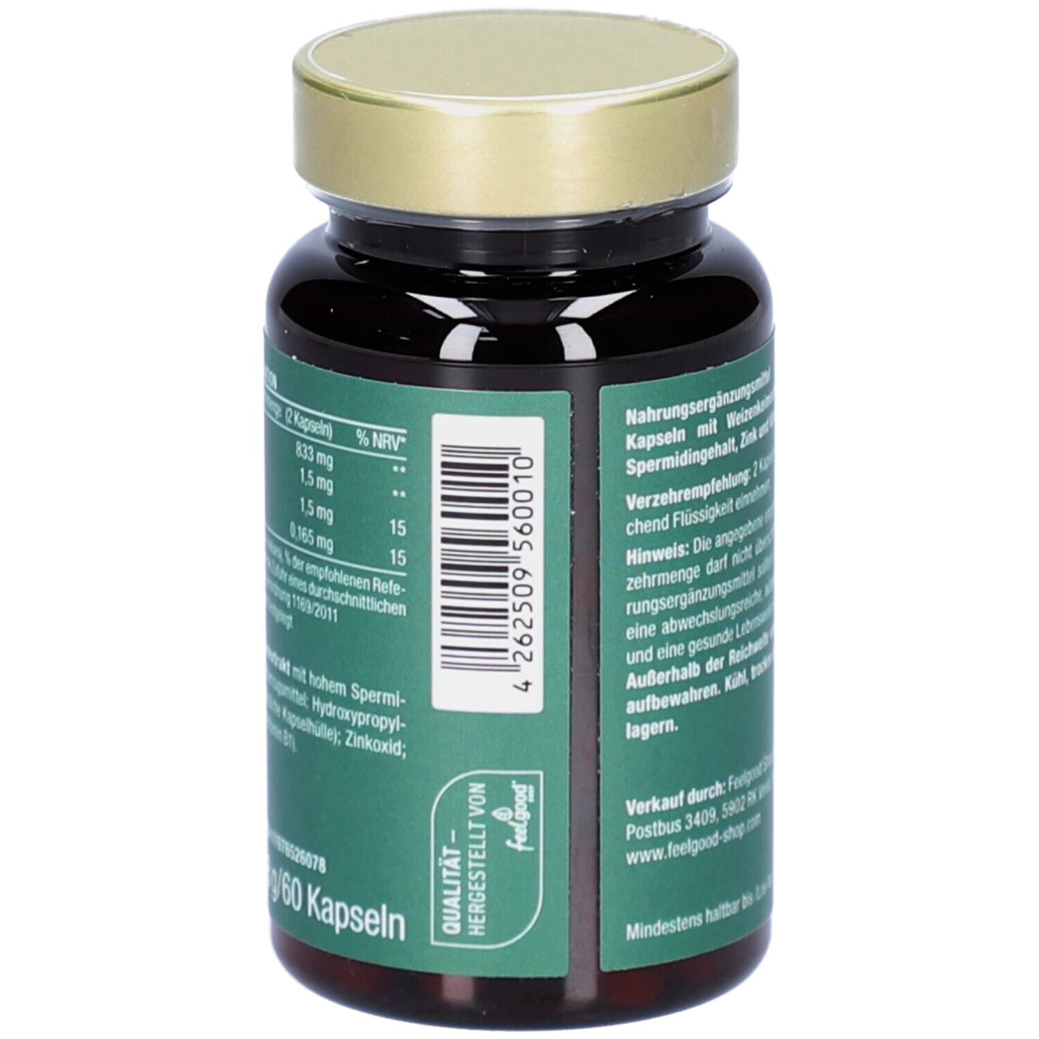 Rückseite einer braunen Flasche mit grüner Aufschrift. Enthält Nährwertangaben und Barcode.