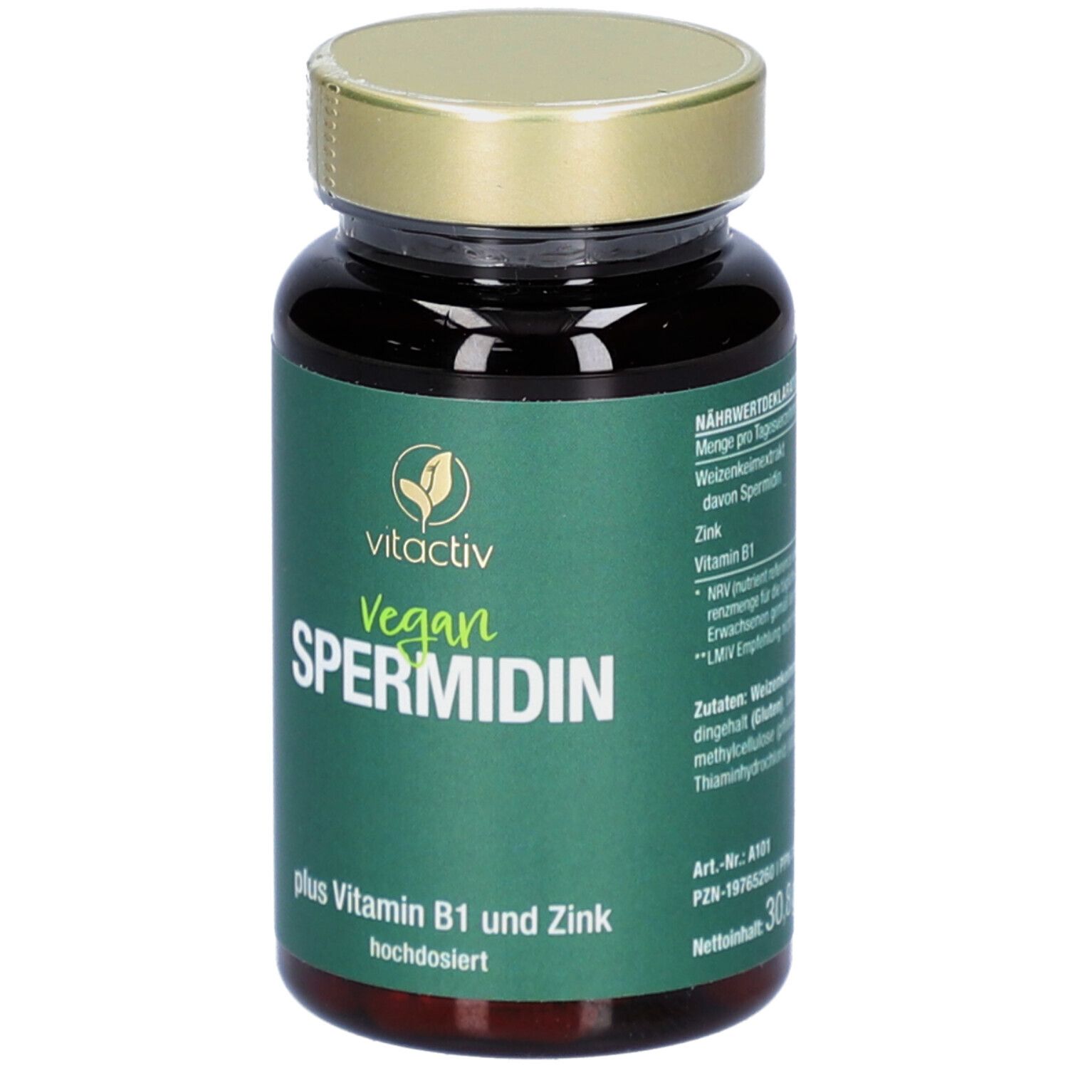 Braune Flasche mit grüner Aufschrift. Enthält Kapseln. Aufschrift: Vegan Spermidin, plus Vitamin B1 und Zink.
