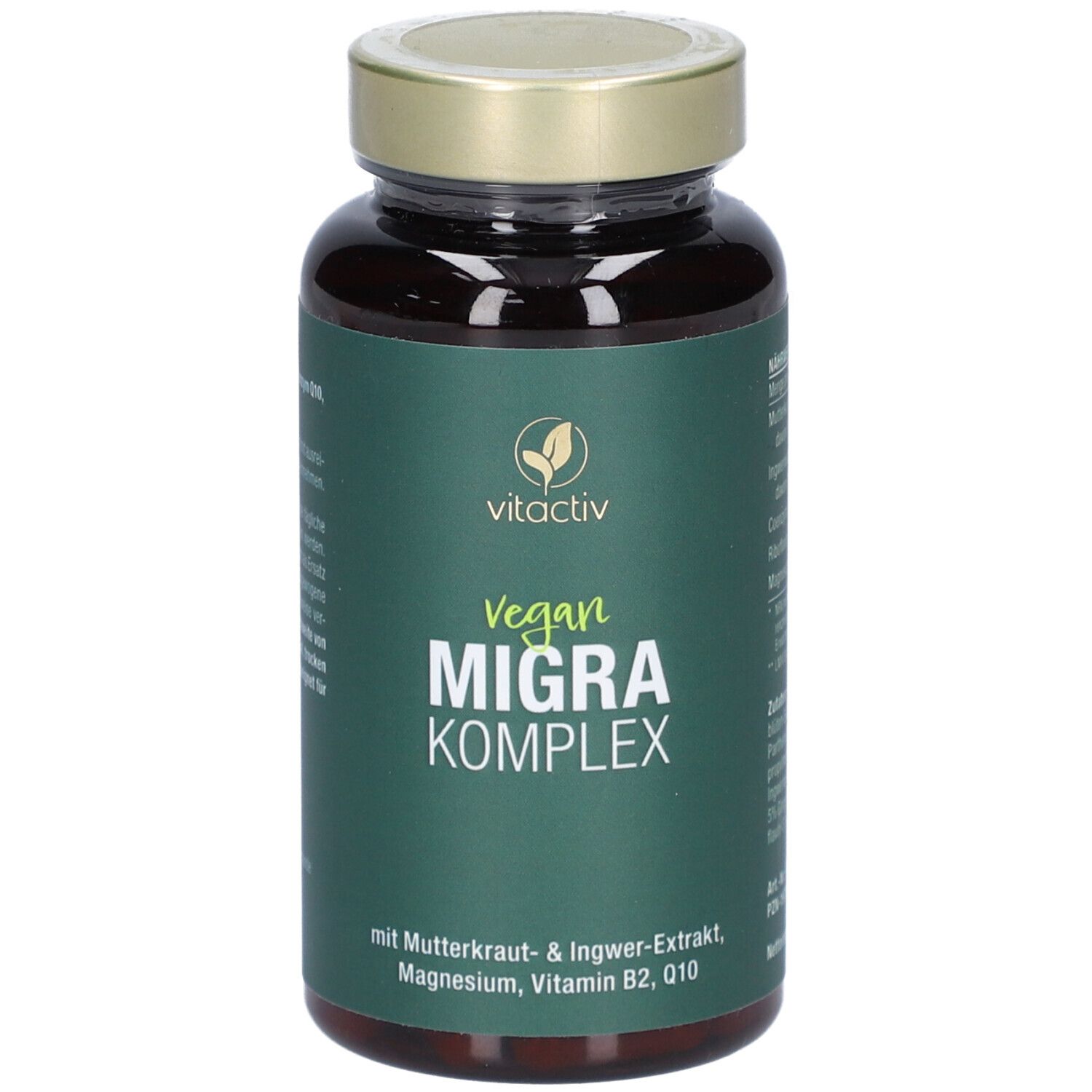 Braune Kapsel-Dose mit grünem Etikett. Aufschrift: Vegan MIGRA KOMPLEX. Enthält Mutterkraut- & Ingwer-Extrakt, Magnesium, Vitamin B2, Q10.