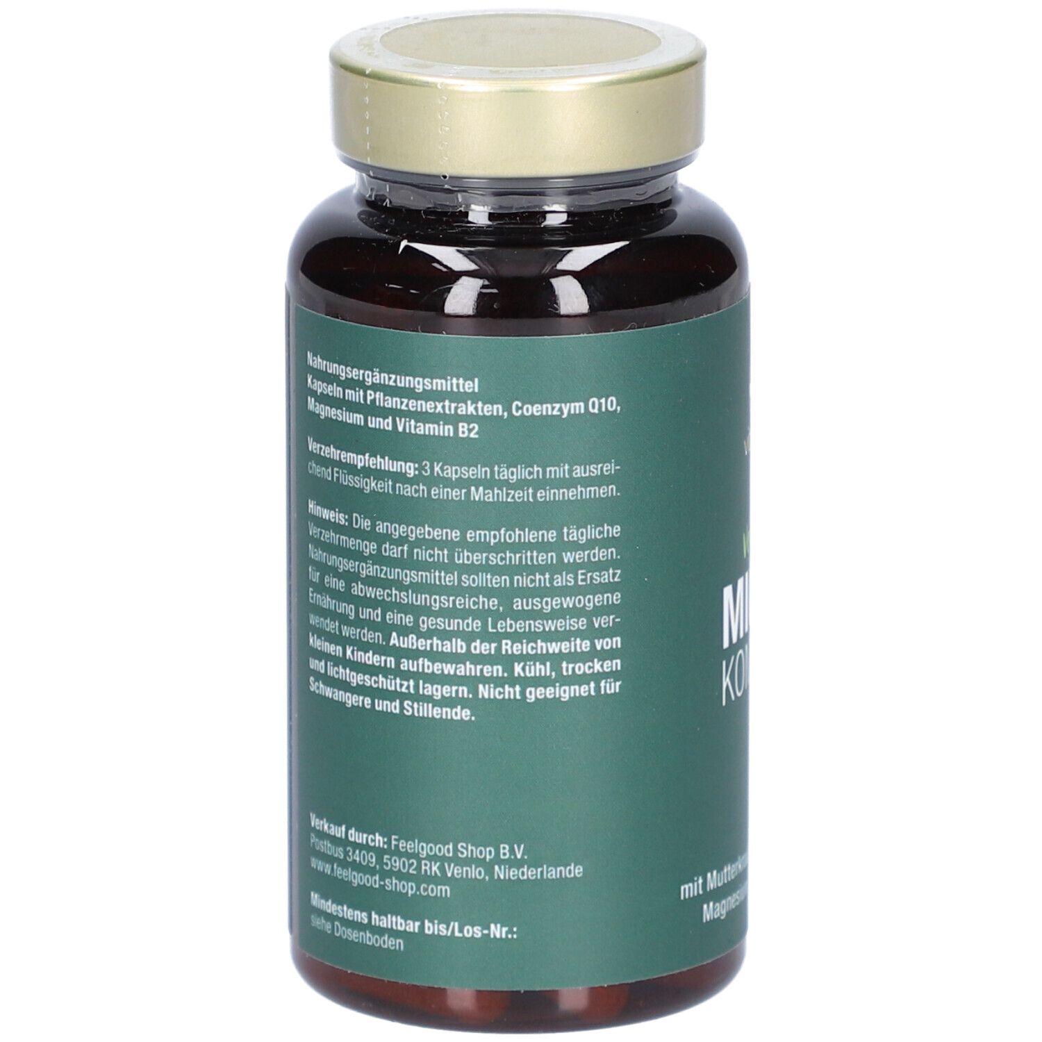 Rückseite der Kapsel-Dose mit grüner Etikett. Enthält Informationen zu Inhaltsstoffen und Verzehrempfehlung. Text in deutscher Sprache.