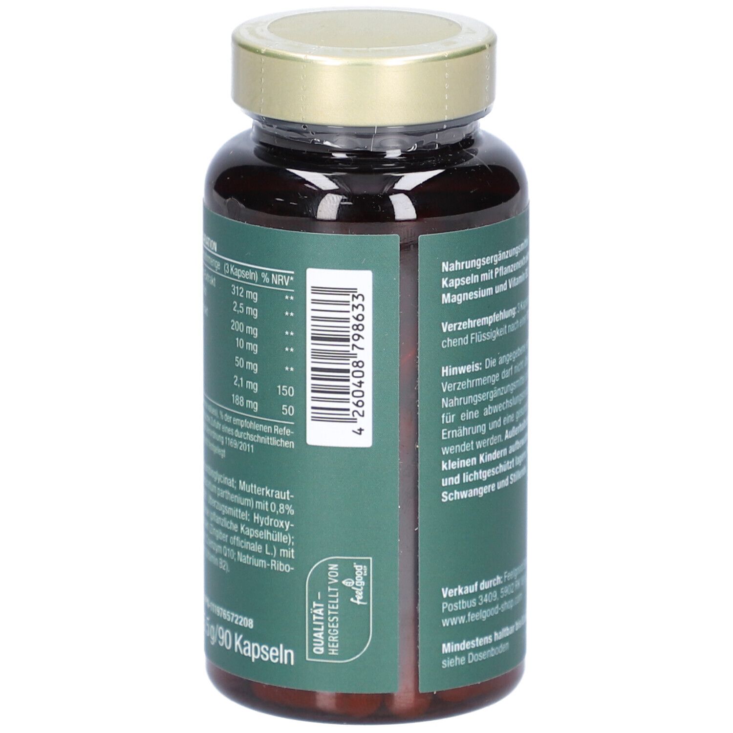 Kapsel-Dose mit grünem Etikett. Nährwerttabelle und Inhaltsstoffe. Text in deutscher Sprache. Barcode und Qualitätszeichen.