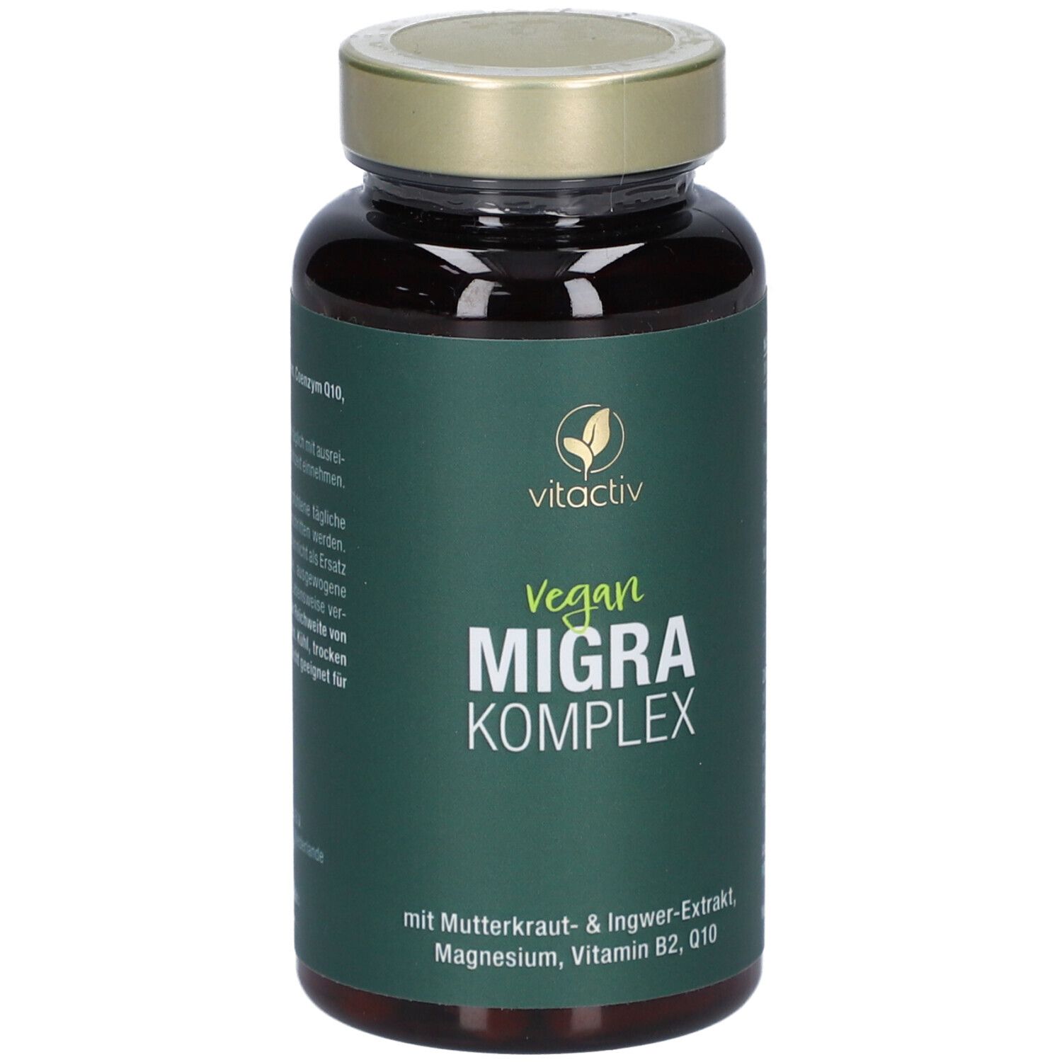 Braune Kapsel-Dose mit grünem Etikett. Aufschrift: Vegan Migra Komplex. Enthält Mutterkraut, Ingwer, Magnesium, Q10.