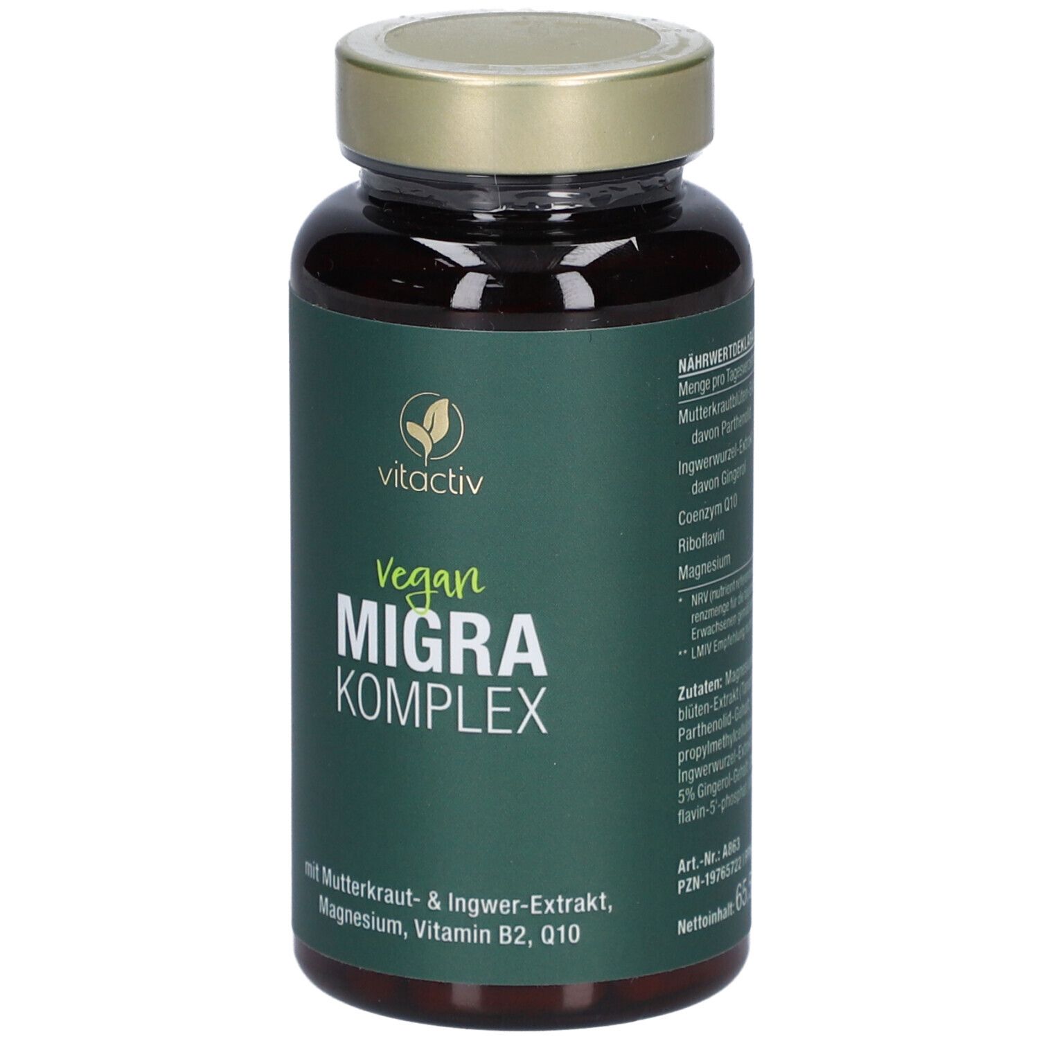 Braune Kapsel-Dose mit grünem Etikett. Aufschrift: Vegan MIGRA KOMPLEX. Enthält Mutterkraut- & Ingwer-Extrakt, Magnesium, Vitamin B2, Q10.