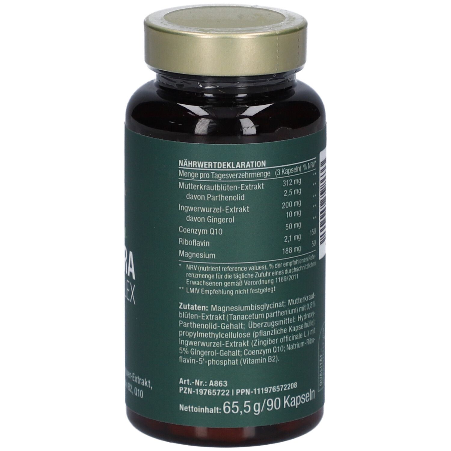 Kapsel-Dose mit grünem Etikett. Nährwertdeklaration und Inhaltsstoffe. Text in deutscher Sprache. 90 Kapseln.