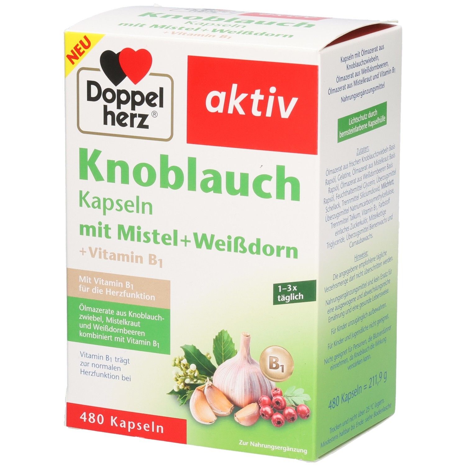 Weißer Karton mit Doppelherz Knoblauch Kapseln. Aufschrift: aktiv, Knoblauch Kapseln mit Mistel+Weißdorn +Vitamin B1. 480 Kapseln.