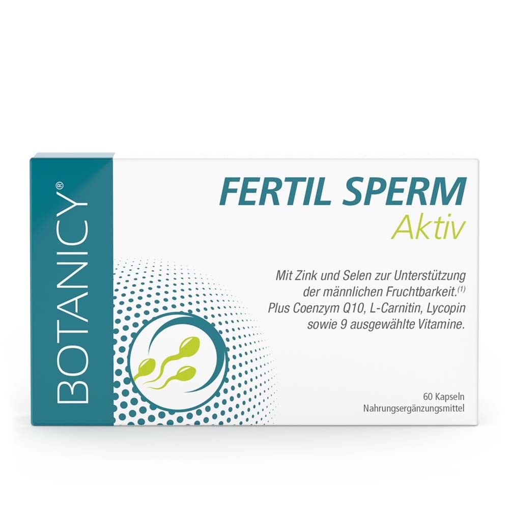Botanicy-Verpackung. "FERTIL SPERM Aktiv"-Schriftzug. Enthält 60 Kapseln. Mit Zink und Selen zur Unterstützung der Fruchtbarkeit.