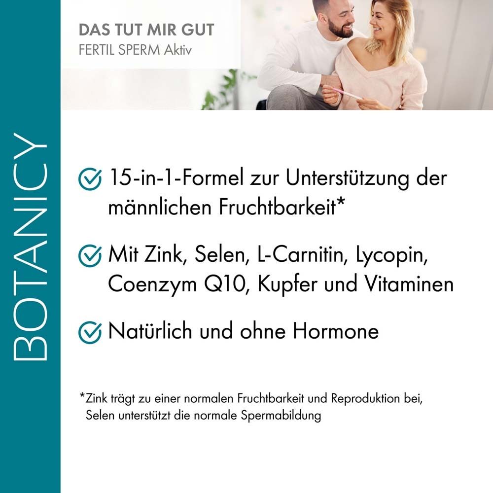 Text mit Informationen zu "FERTIL SPERM Aktiv". 15-in-1-Formel. Mit Zink, Selen, L-Carnitin, Lycopin, Coenzym Q10, Kupfer und Vitaminen.