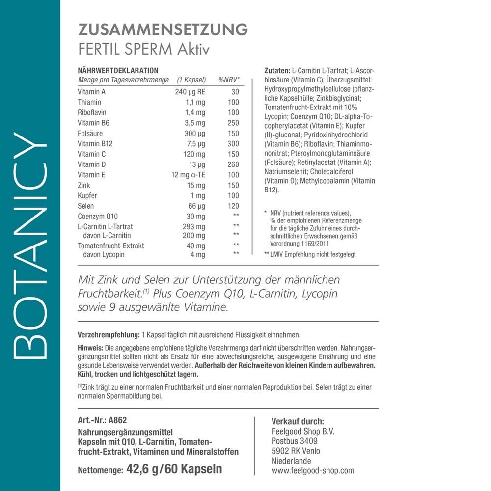 Zusammensetzung von "FERTIL SPERM Aktiv". Nährwertdeklaration und Zutatenliste. Enthält Vitamine, Mineralstoffe und weitere Stoffe.