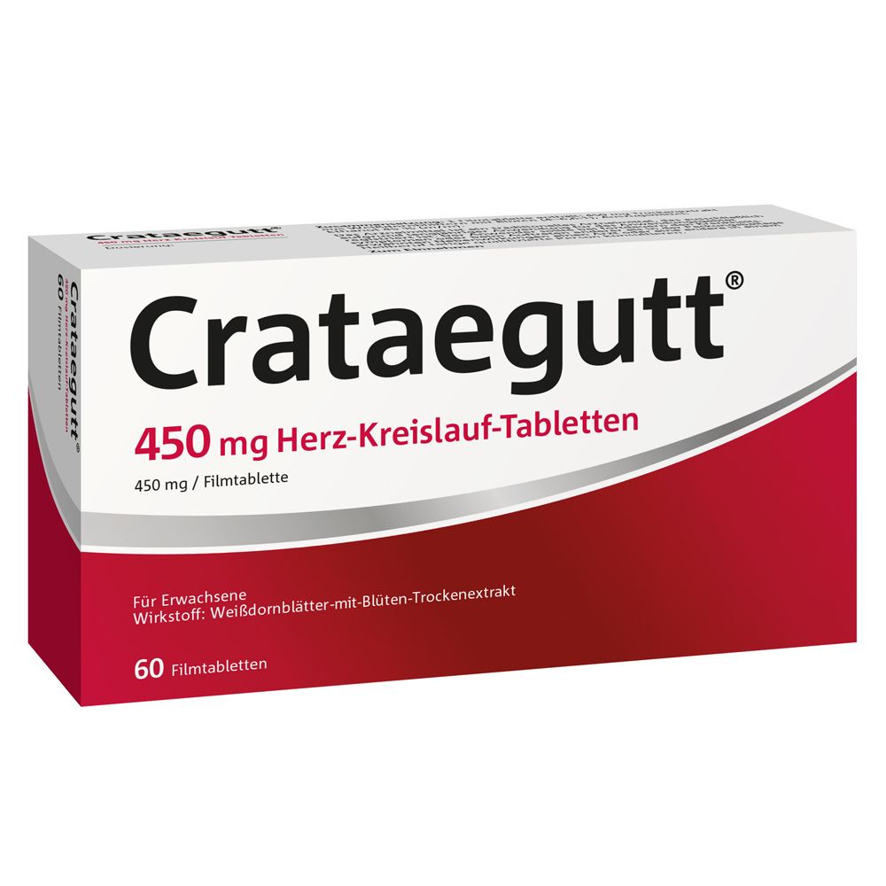 Weiße und rote Schachtel mit der Aufschrift "Crataegutt® 450 mg Herz-Kreislauf-Tabletten". Enthält 60 Filmtabletten.