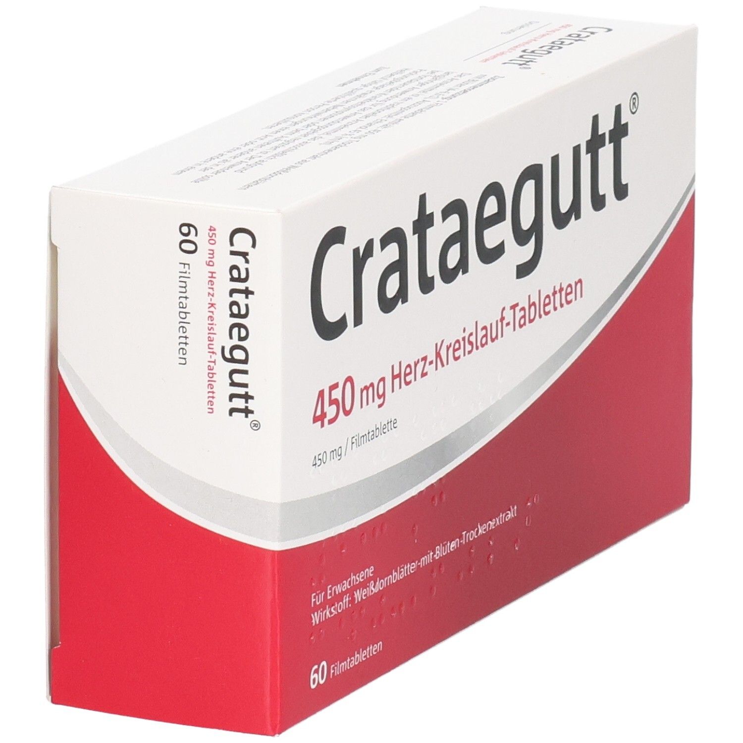 Schachtel CRATAEGUTT 450 mg Herz-Kreislauf-Tabletten. Rote und weiße Verpackung. 60 Filmtabletten. Seitenansicht.
