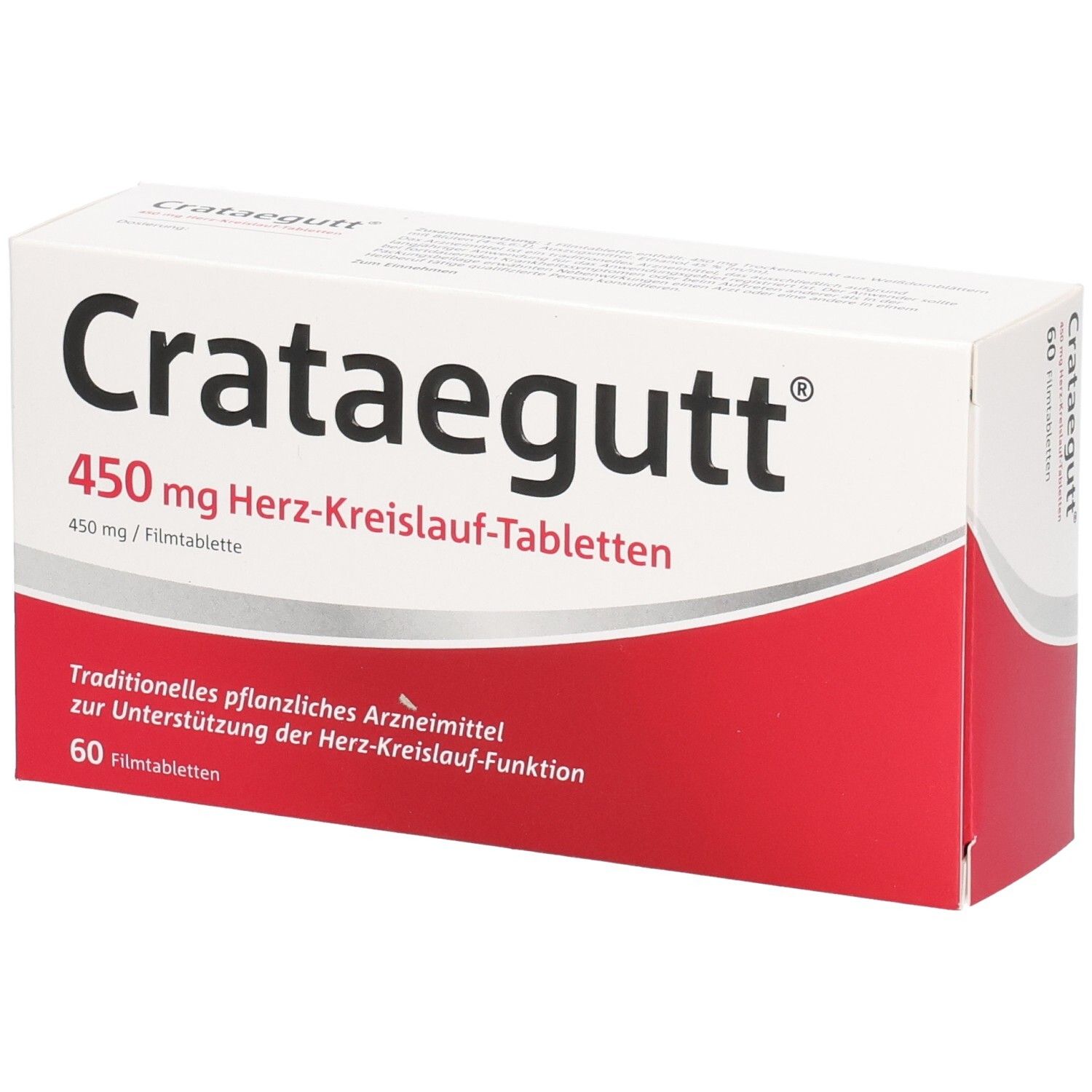 Schachtel CRATAEGUTT 450 mg Herz-Kreislauf-Tabletten. Rote und weiße Verpackung. 60 Filmtabletten. Text.